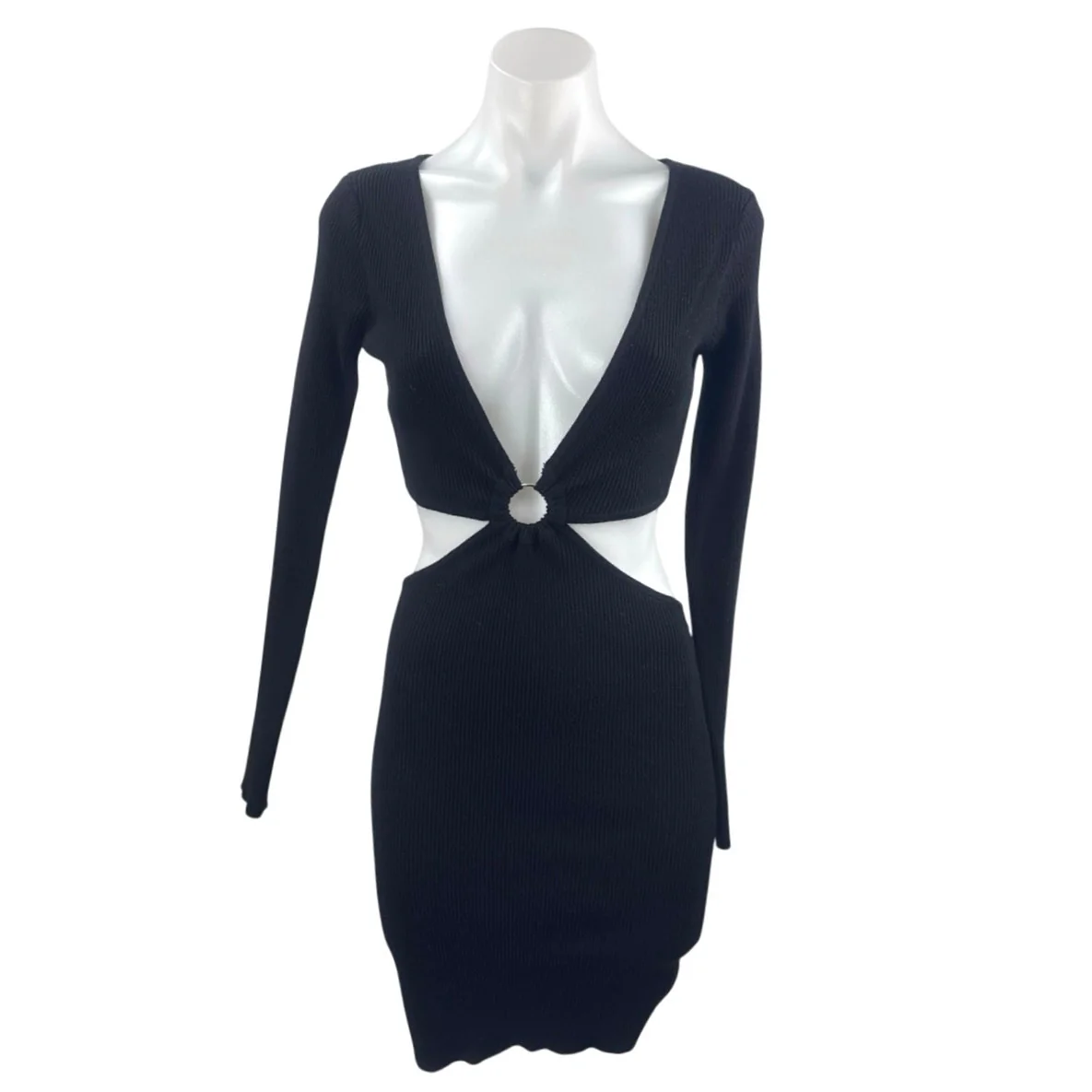 Princess Polly Lucia Black Ribbed Knit Cut Out Long Sleeve Mini Bodycon Dress XS