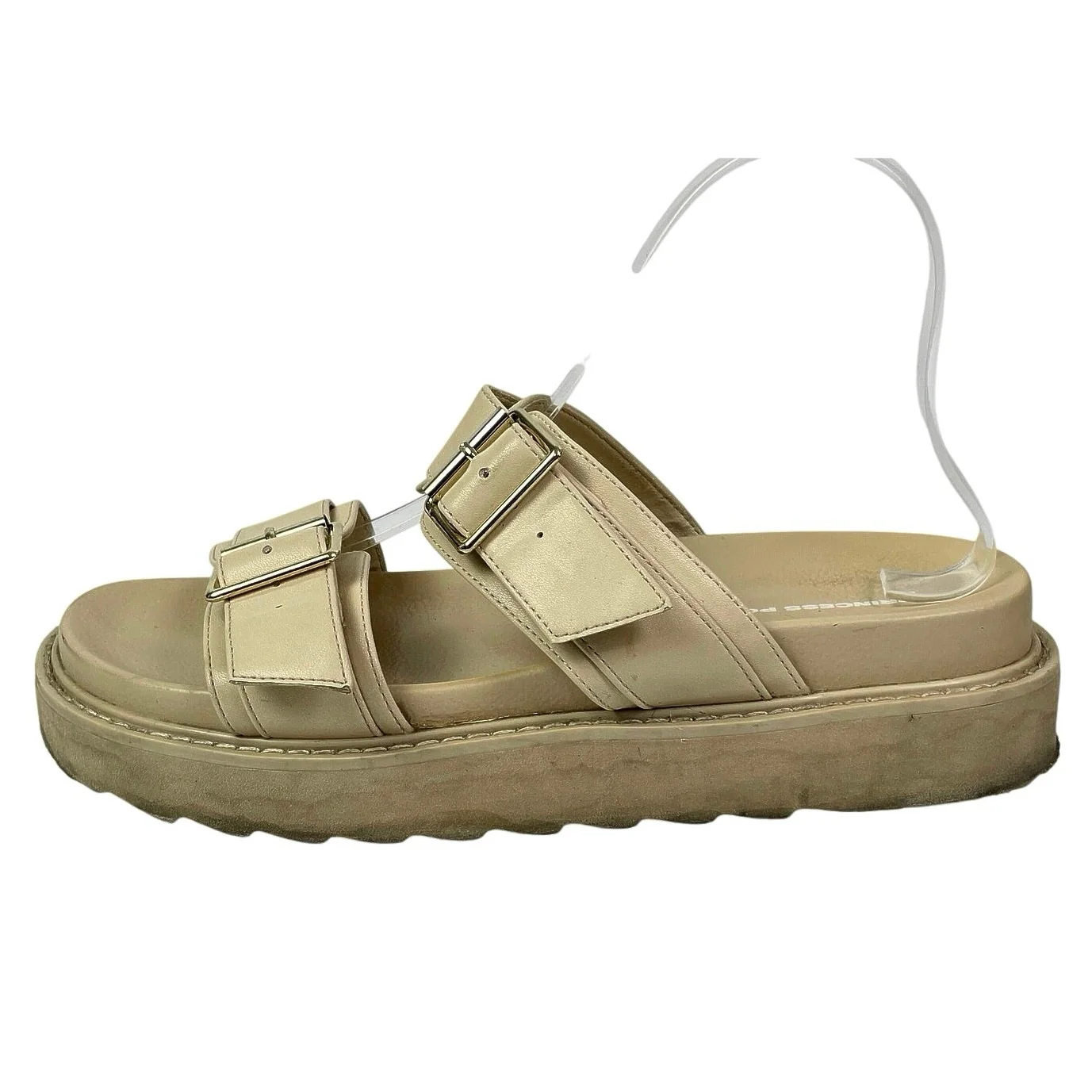 Princess Polly Ma Belle Women's Cream Double Buckle Strap Flats Slides Sandals 9