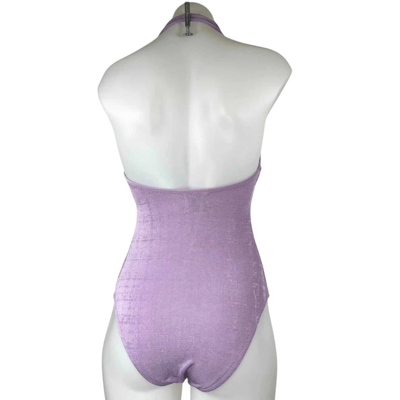 Princess Polly Purple Metallic Knit Halter V-neck Backless Thong Bodysuit Top 2 - Image 2