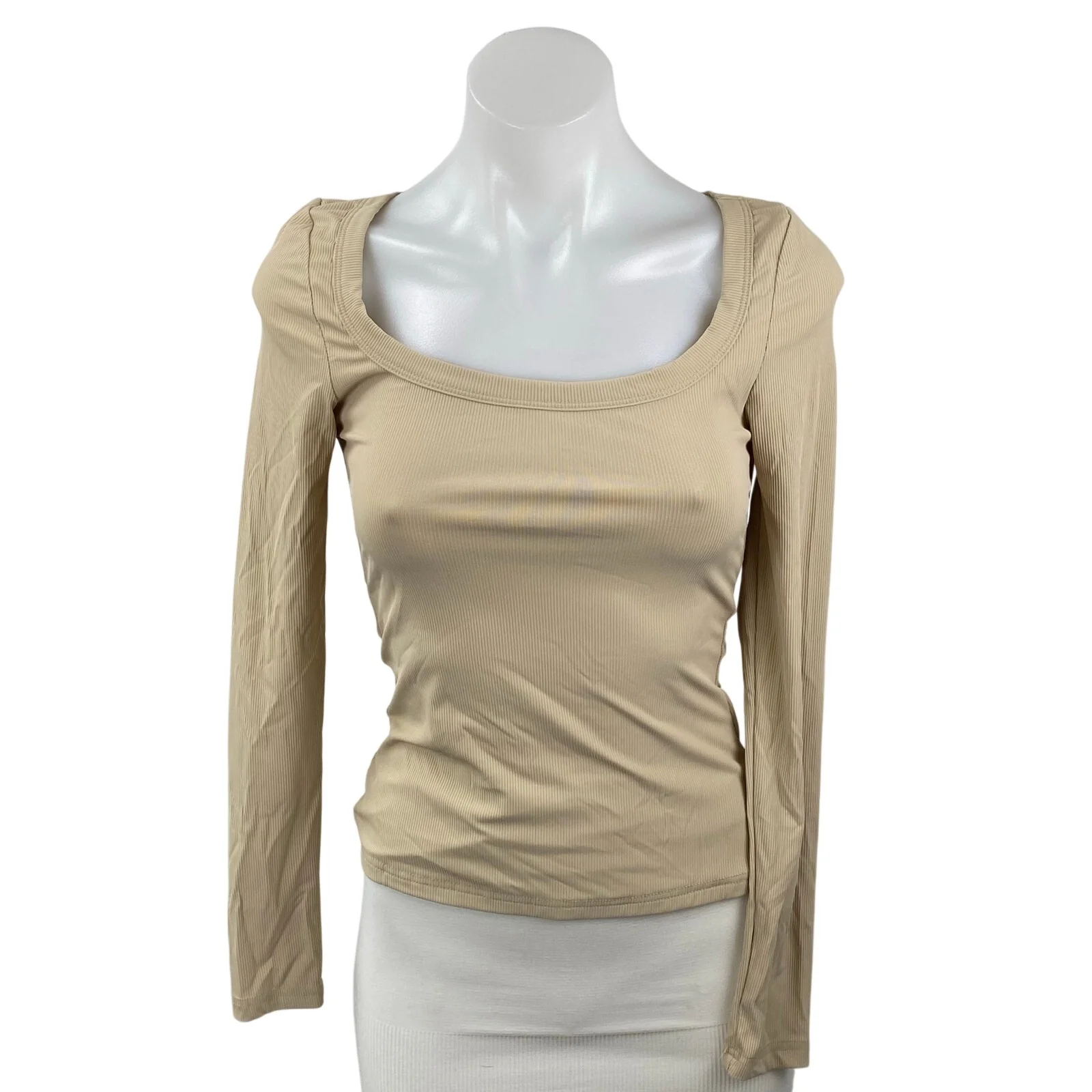 Princess Polly Women's Beige Ribbed Square Neck Long Sleeve Slim T-Shirt Top 4
