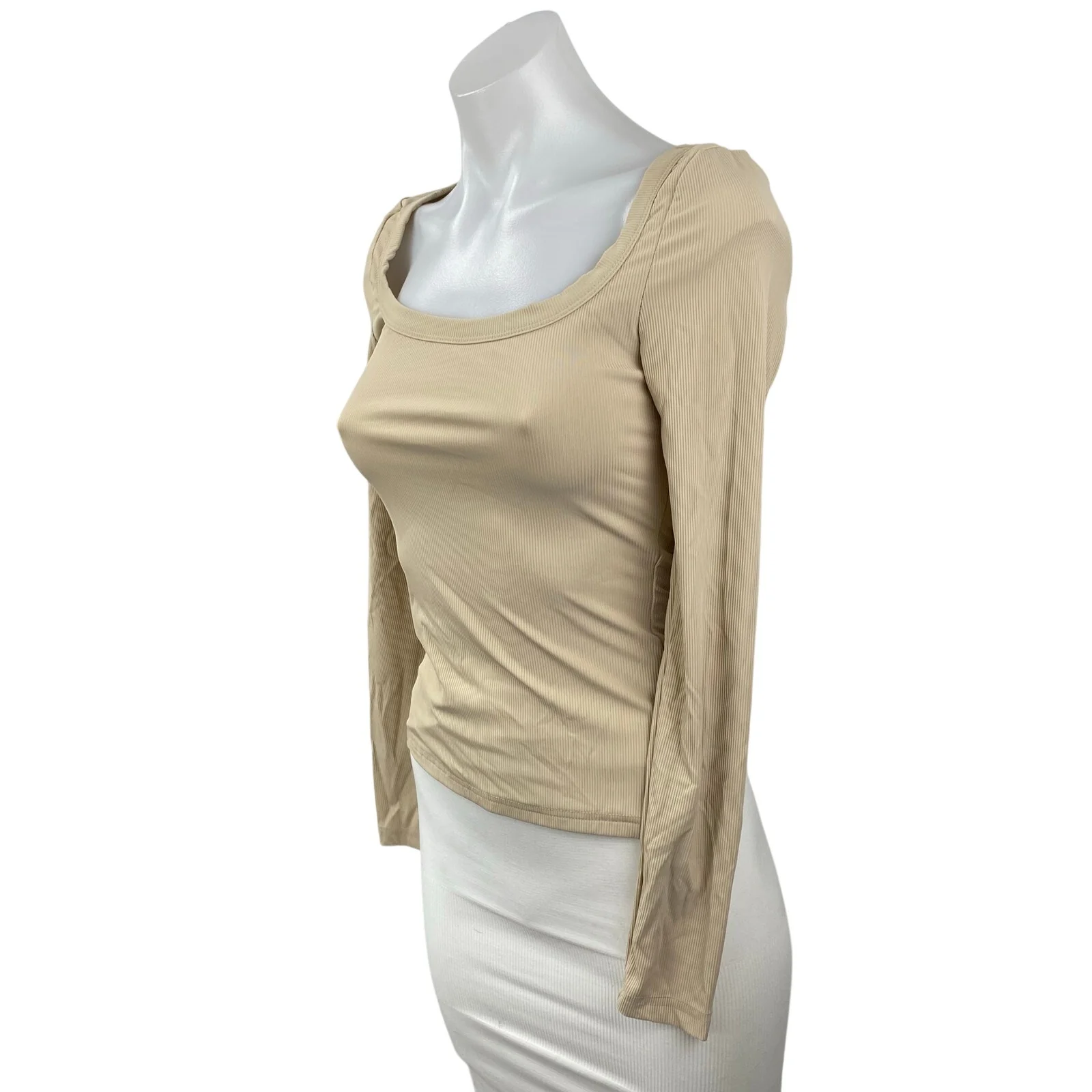 Princess Polly Women's Beige Ribbed Square Neck Long Sleeve Slim T-Shirt Top 4 - Image 2