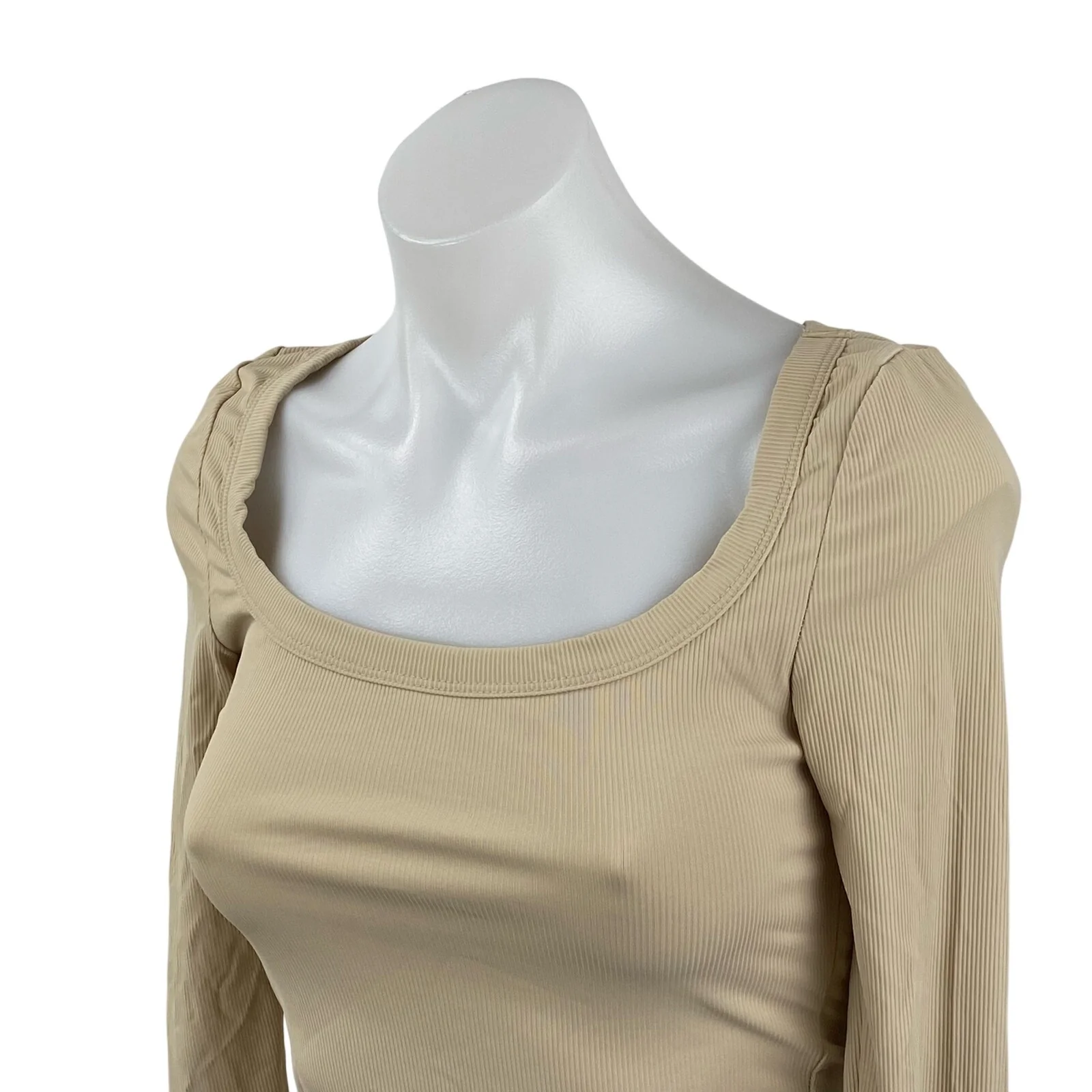 Princess Polly Women's Beige Ribbed Square Neck Long Sleeve Slim T-Shirt Top 4 - Image 3