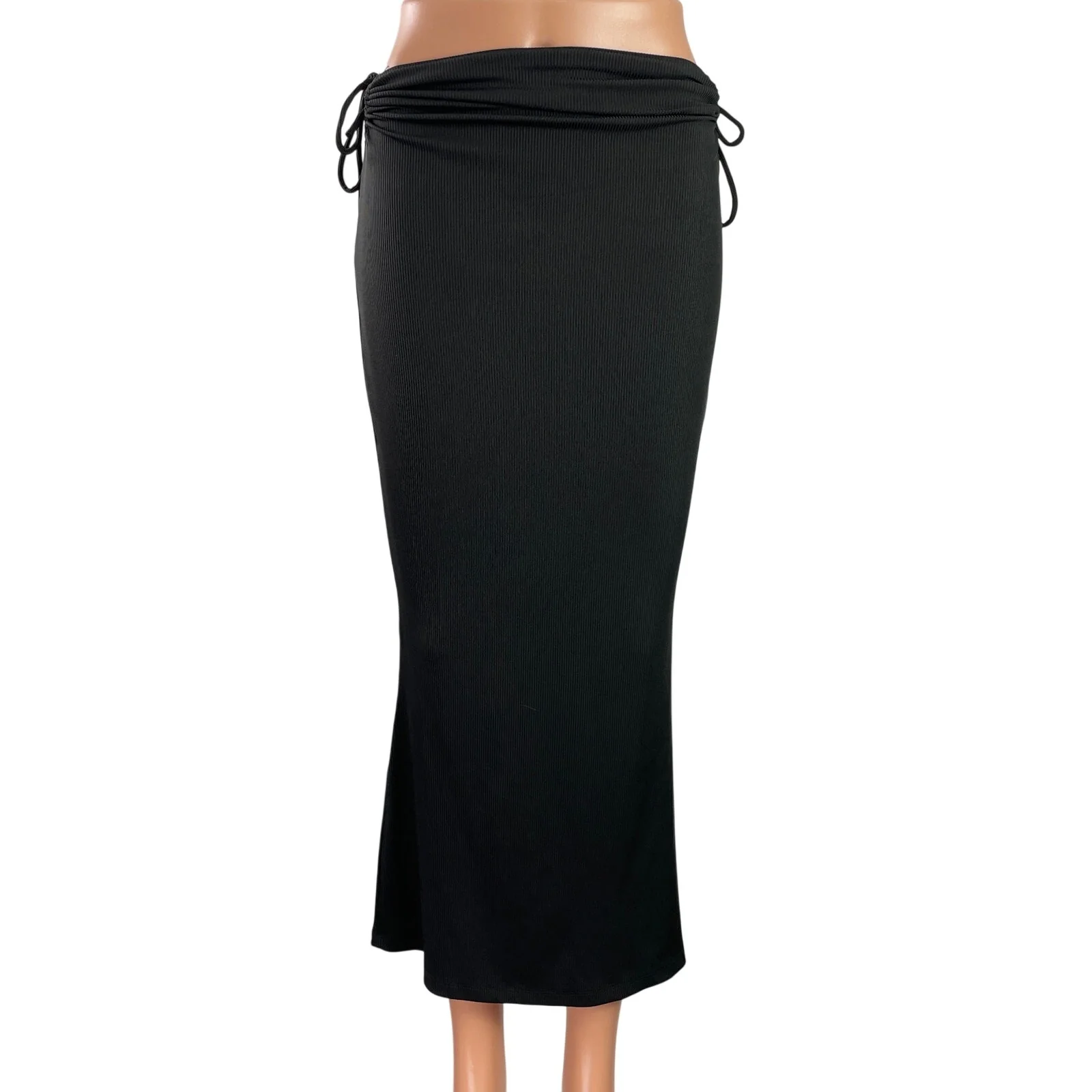 Princess Polly Women's Black Ribbed Ruched Tie Midi Straight Pencil Skirt Size 6