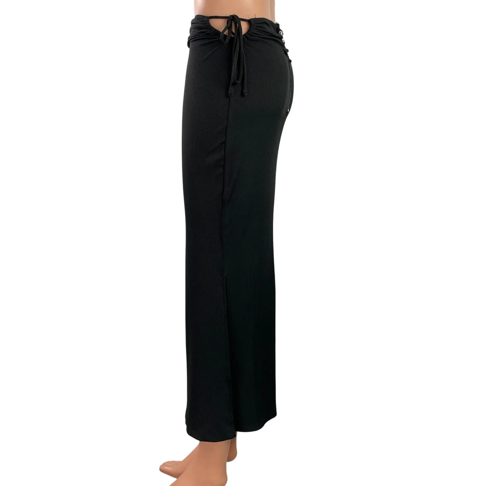 Princess Polly Women's Black Ribbed Ruched Tie Midi Straight Pencil Skirt Size 6 - Image 2