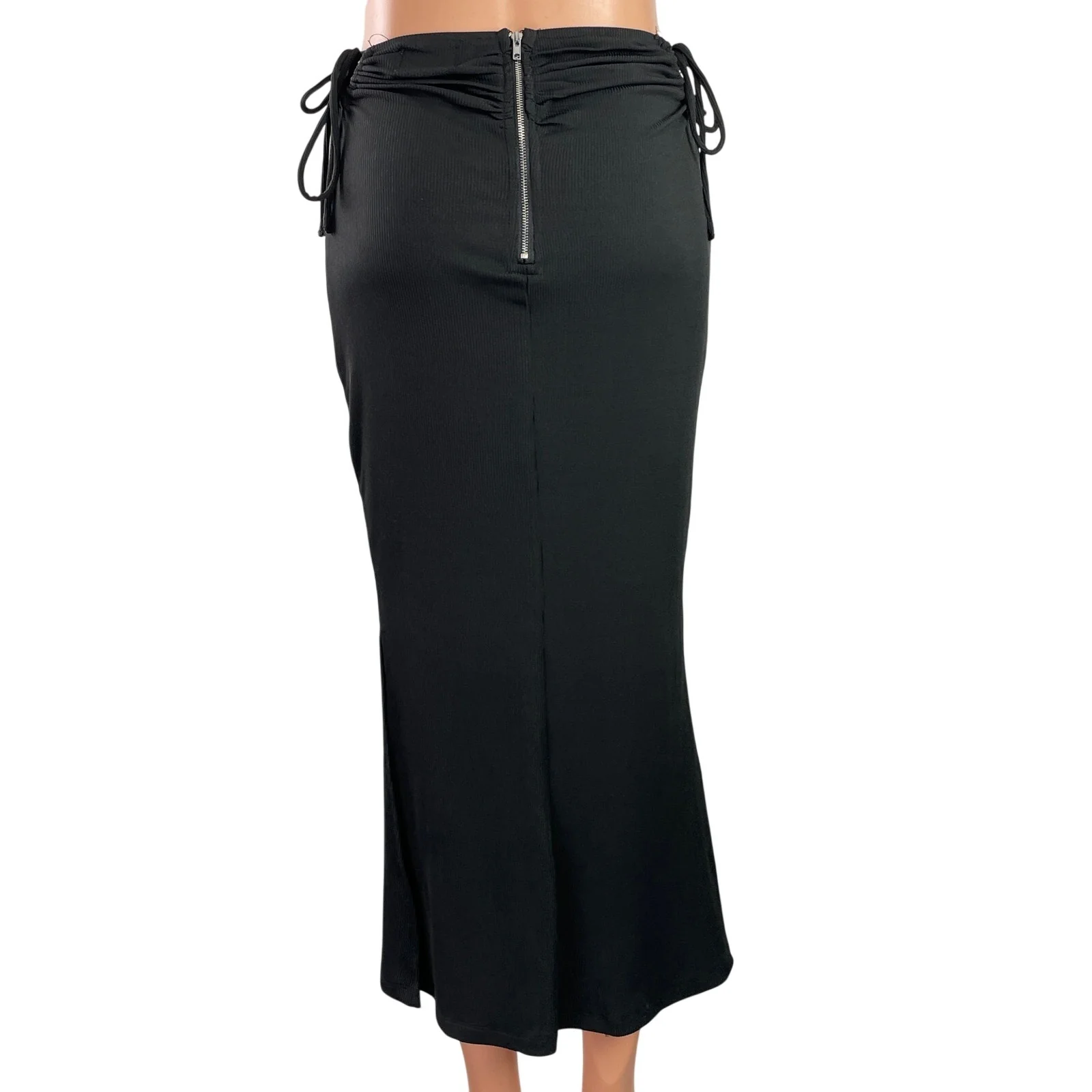Princess Polly Women's Black Ribbed Ruched Tie Midi Straight Pencil Skirt Size 6 - Image 3