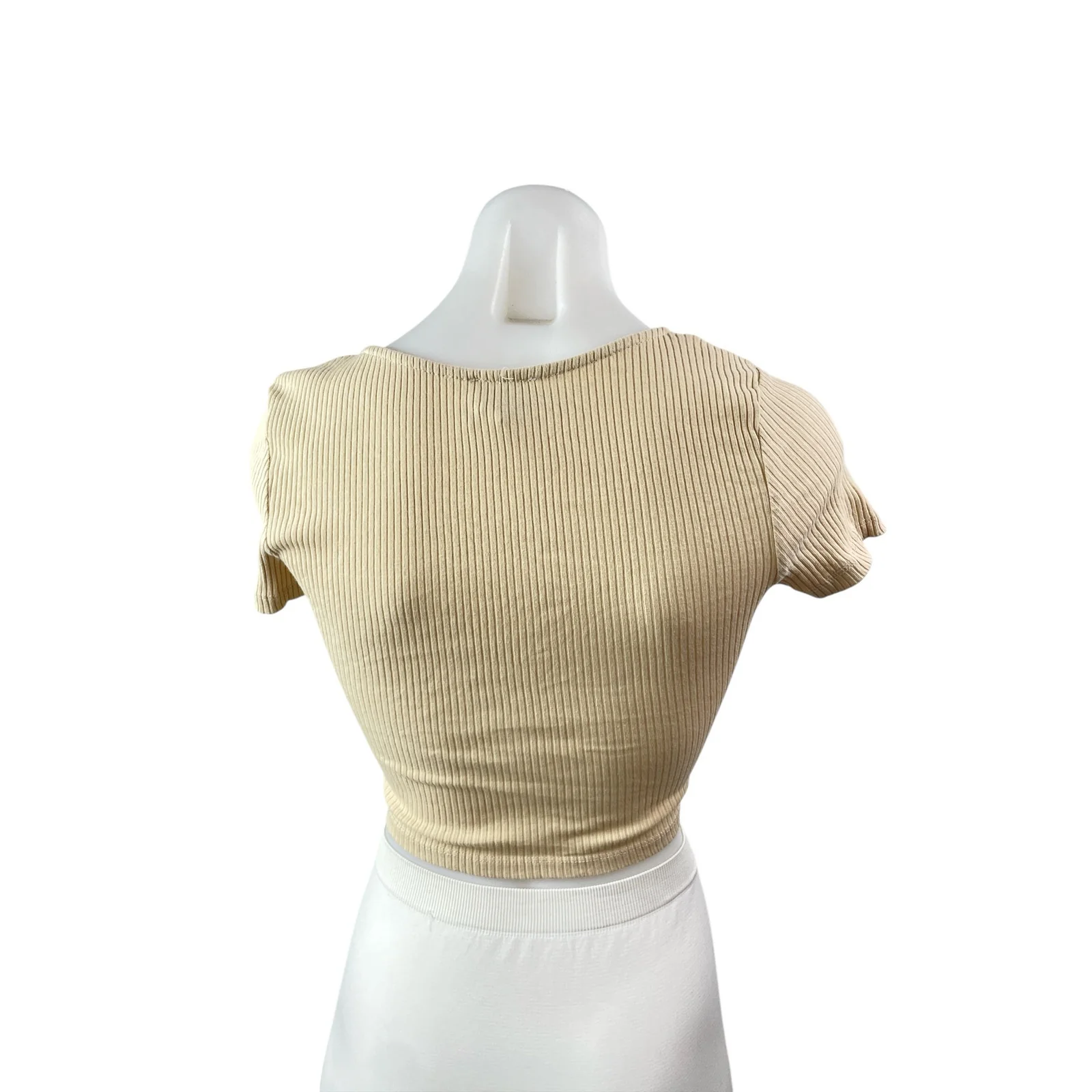 Princess Polly Women's Cream Beige Ribbed Knit V Neck Ruched Crop Top Size 2 - Image 3