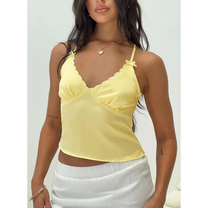 Princess Polly Yellow Silk Satin Sleeveless Scalloped Bow Cami Crop Top Size 8 - Image 3