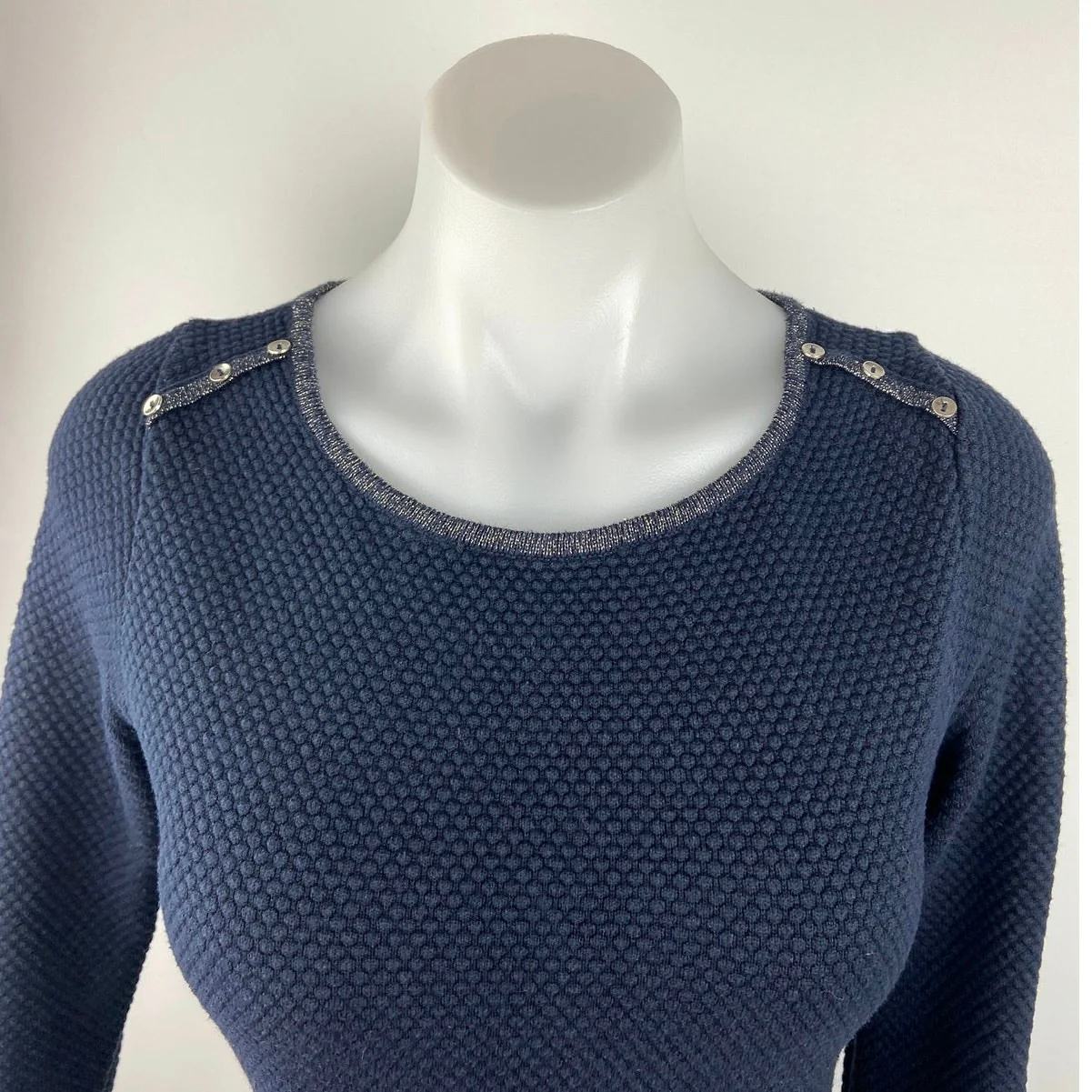 Promod Blue Waffle Knit Rib Trim Crewneck 3/4 Sleeve Career Office Shift Dress M - Image 3