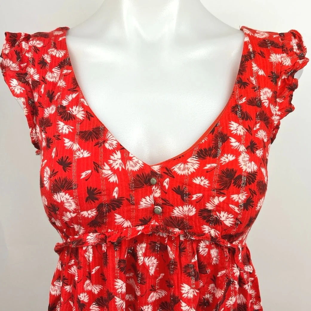 Promod Red V Neck Empire Waist Sleeeless Cutout Button Babydoll Mini Dress Sz 2 - Image 3