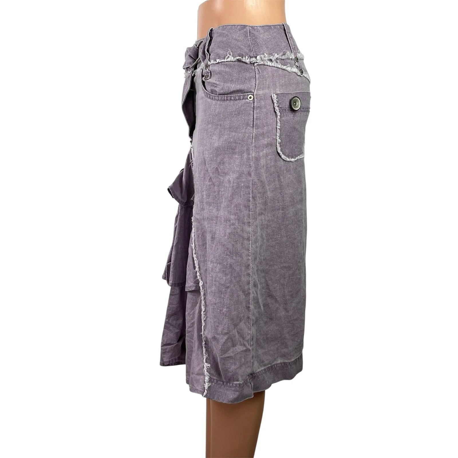 Promod Womens Purple Linen Distressed Ruffle Lagenlook Midi A-Line Skirt Size M - Image 2