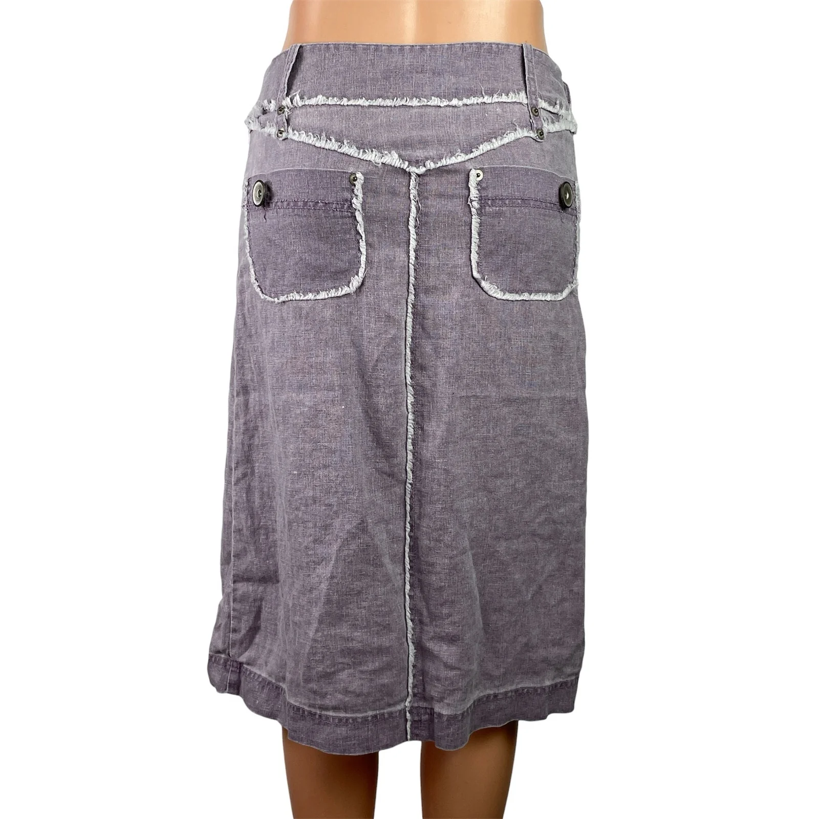 Promod Womens Purple Linen Distressed Ruffle Lagenlook Midi A-Line Skirt Size M - Image 3