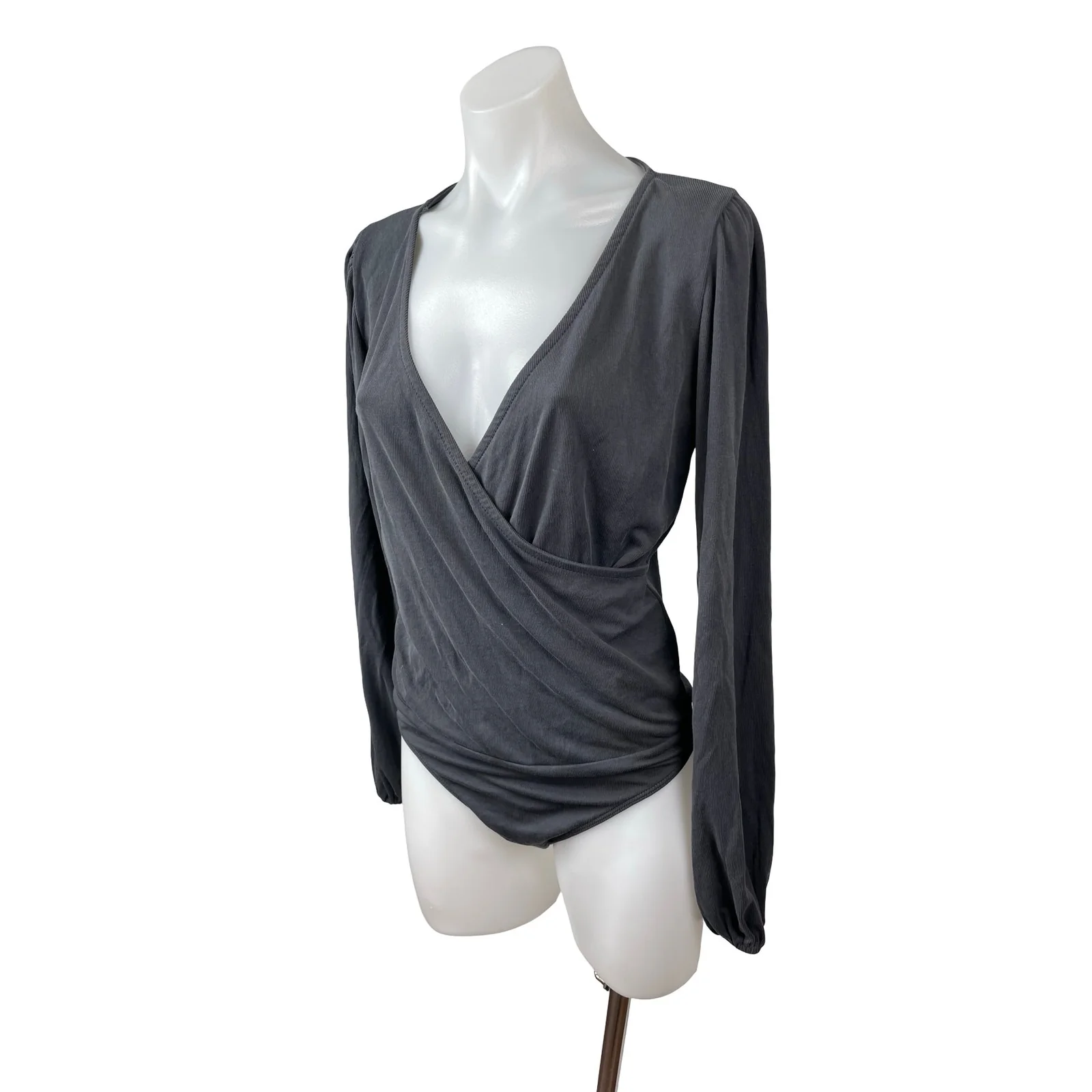 PST Women's Gray Long Sleeve Drape Faux Wrap V Neck Blouse Bodysuit Top Size M - Image 3