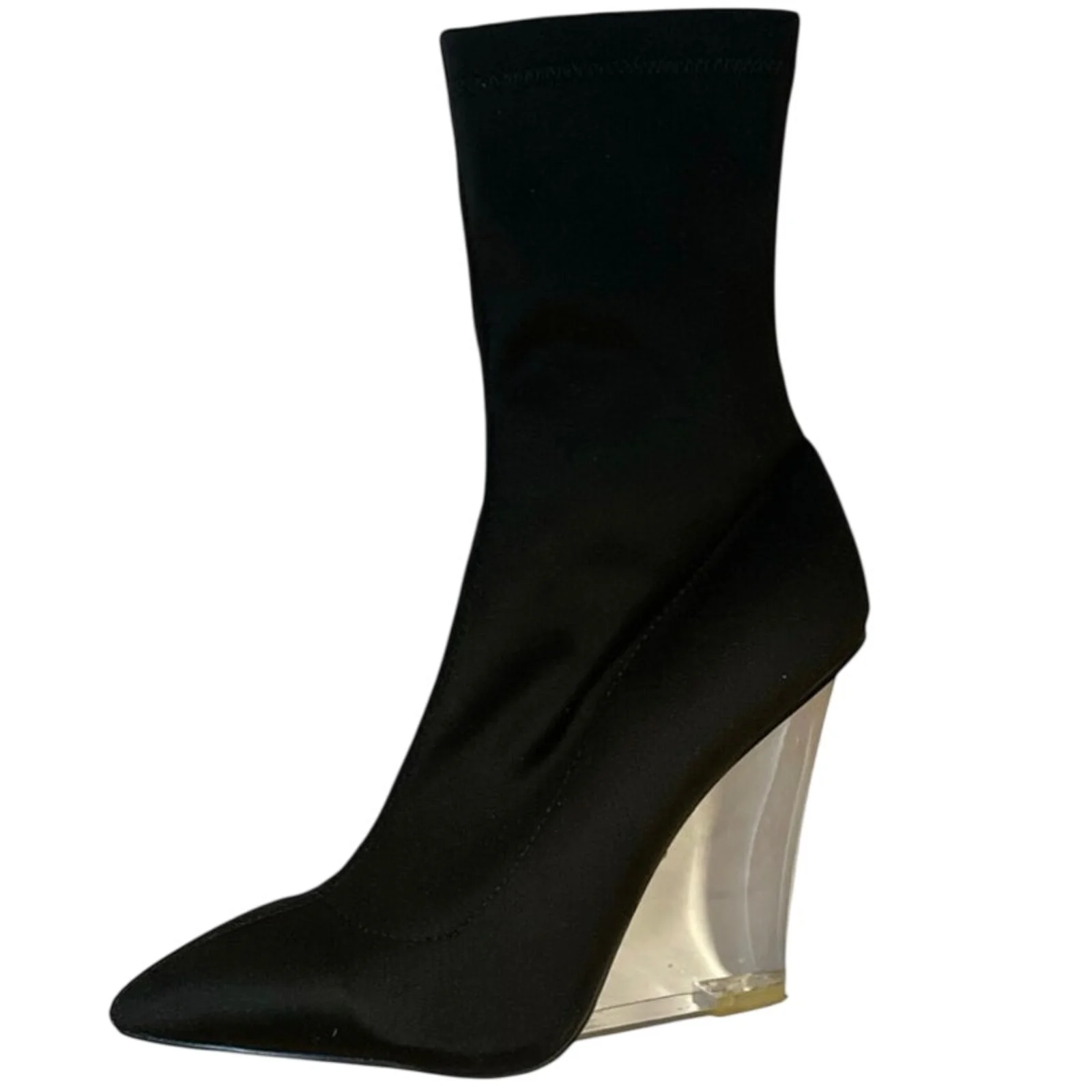 Public Desire Women's Black Mid Clear Wedge Pull On Pointed Toe Bootie Size 4