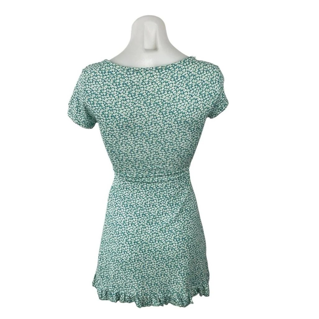 Pull & Bear Green Ditsy Floral Short Sleeve Cutout Ruffle A Line Mini Dress XS - Image 3