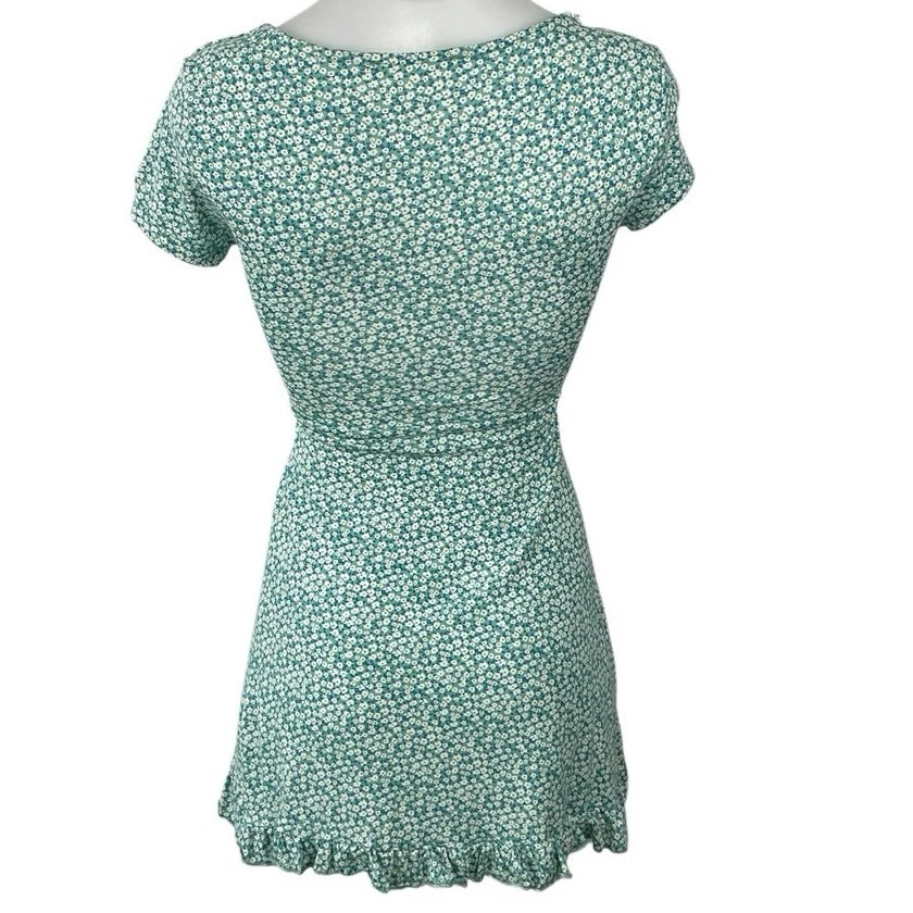 Pull & Bear Green Ditsy Floral Short Sleeve Cutout Ruffle A Line Mini Dress XS - Image 4