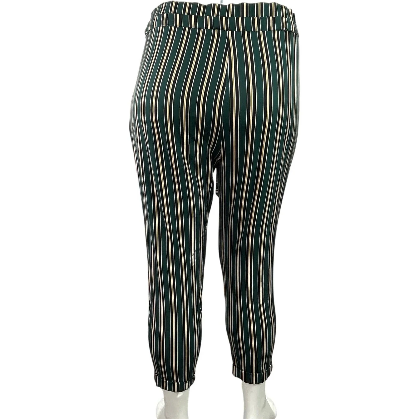 Pull & Bear Green Striped High Waisted Skinny Leg Paper Bag Trousers Pants Sz XL - Image 3