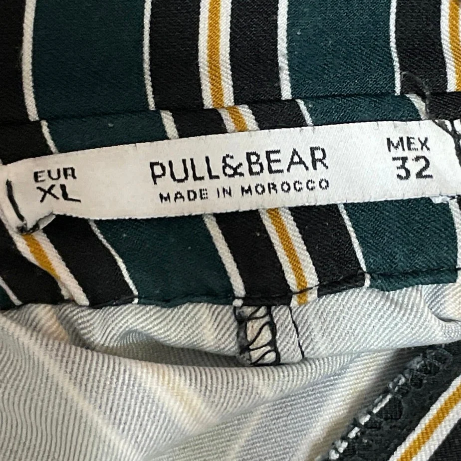 Pull & Bear Green Striped High Waisted Skinny Leg Paper Bag Trousers Pants Sz XL - Image 4