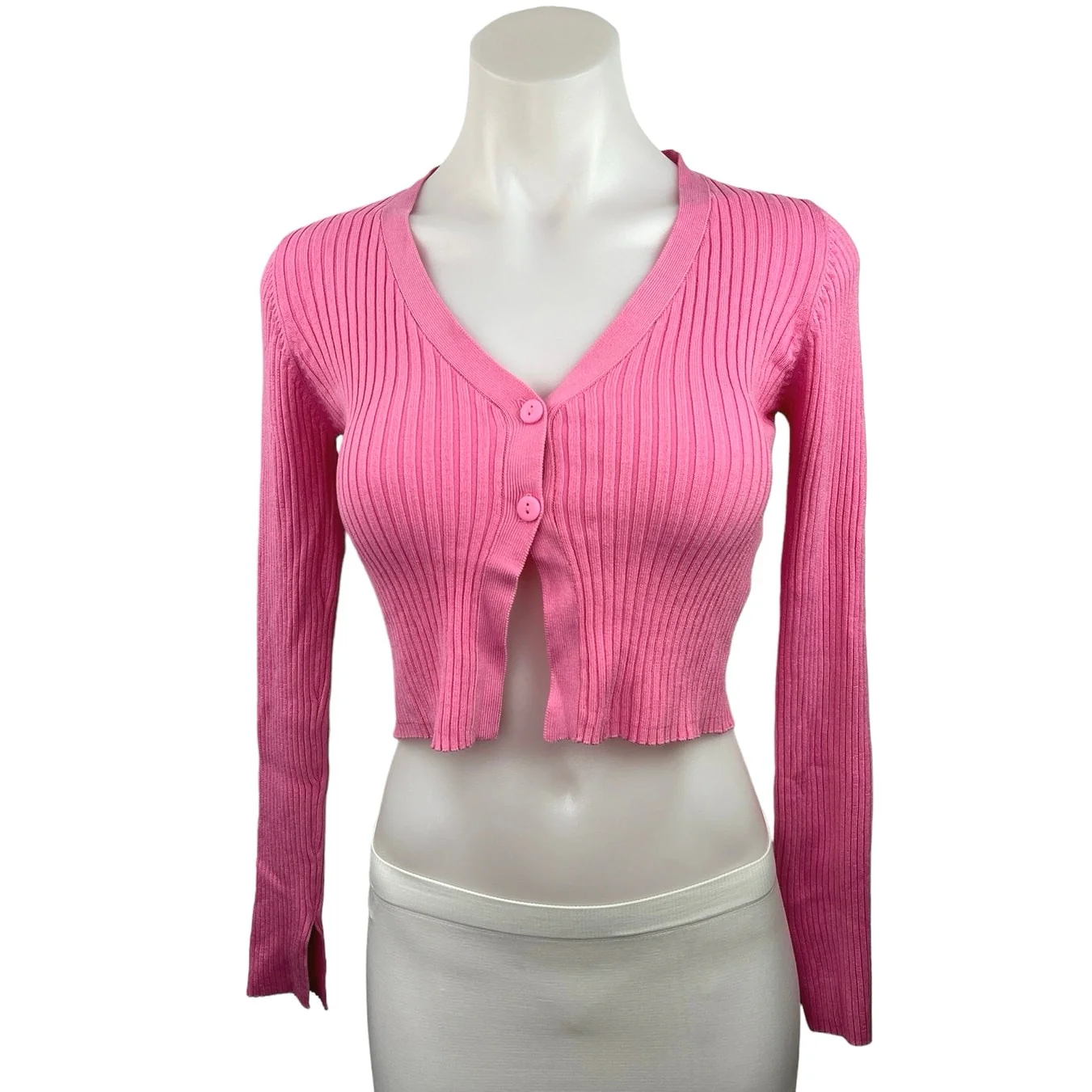 Pull&Bear Updated Garments Pink V Neck Long Sleeve Ribbed Neck Crop Top Size S