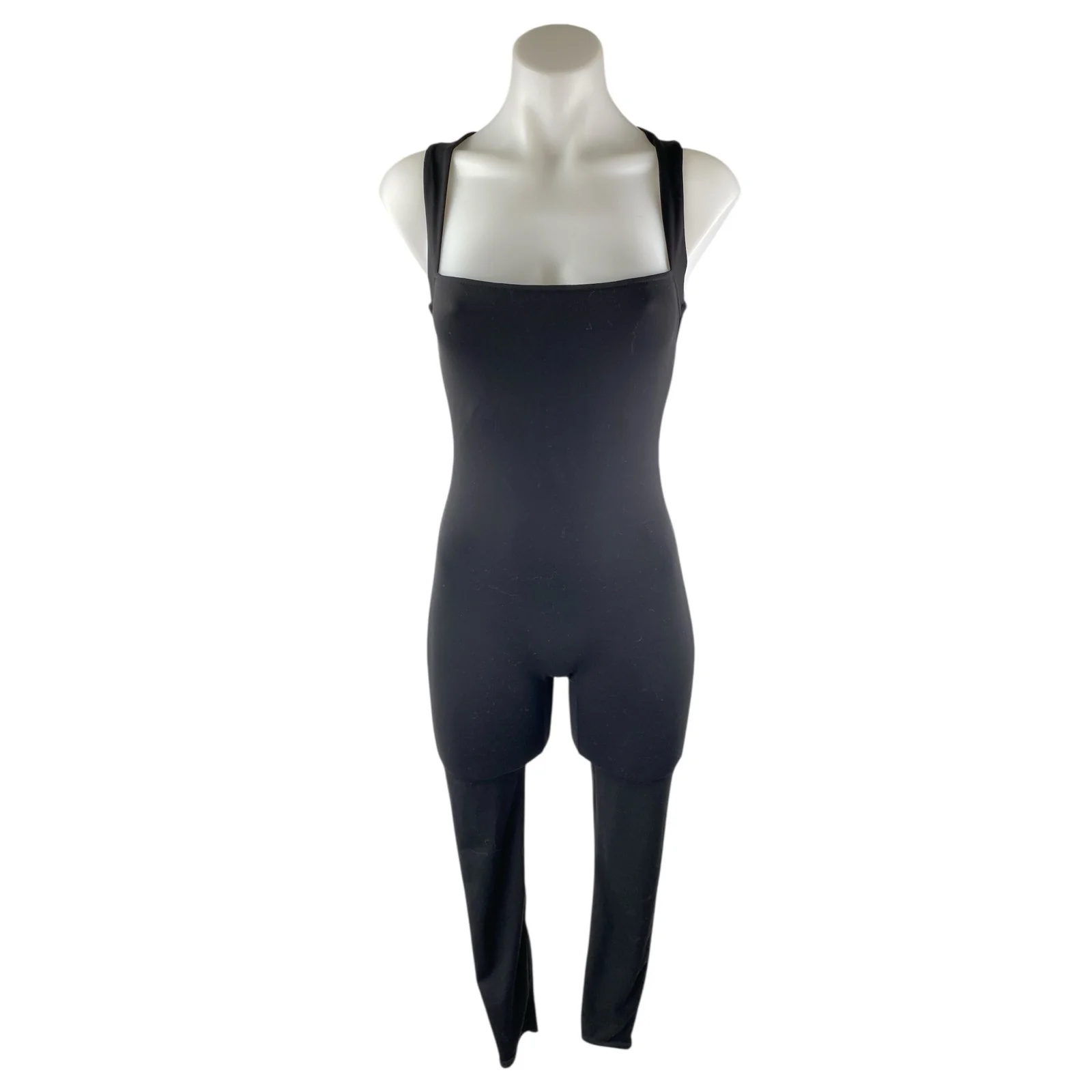 Qinsen Women's Black Sleeveless Square Neck Skinny Activewear Yoga Jumpsuit Sz S
