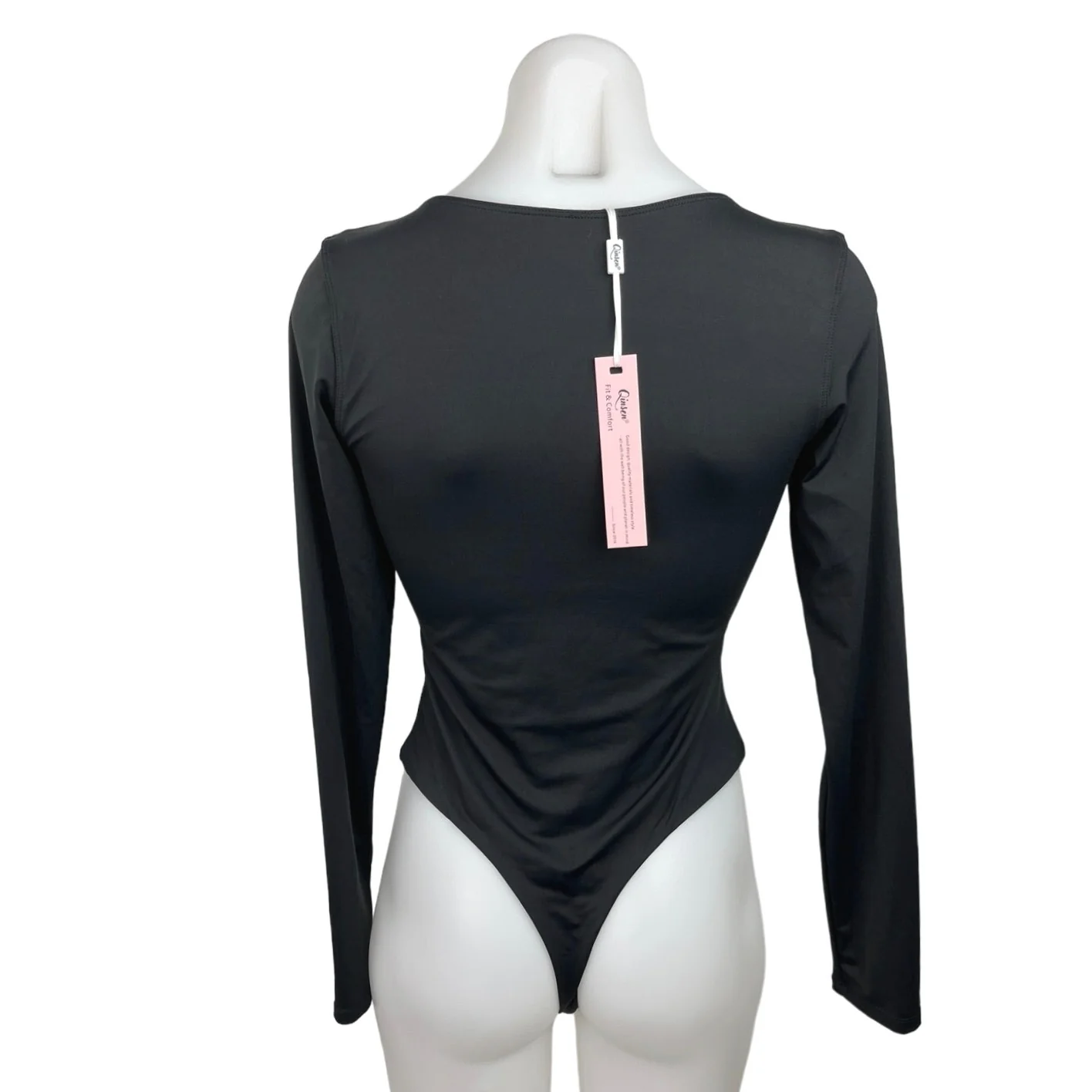 Qinsen Women's Black V-Neck Long Sleeve High Cut Leg One Piece Bodysuit Size M - Image 2