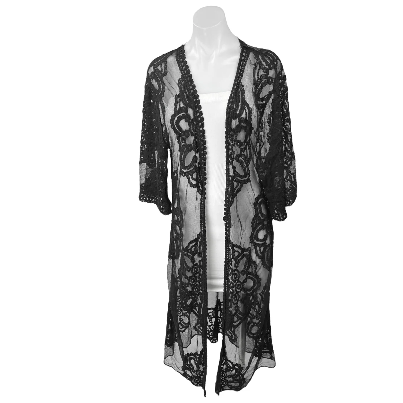 Rachel Zoe Black Lace Sheer Embroidered Boho Swim Coverup Kimono Cardigan Sz S