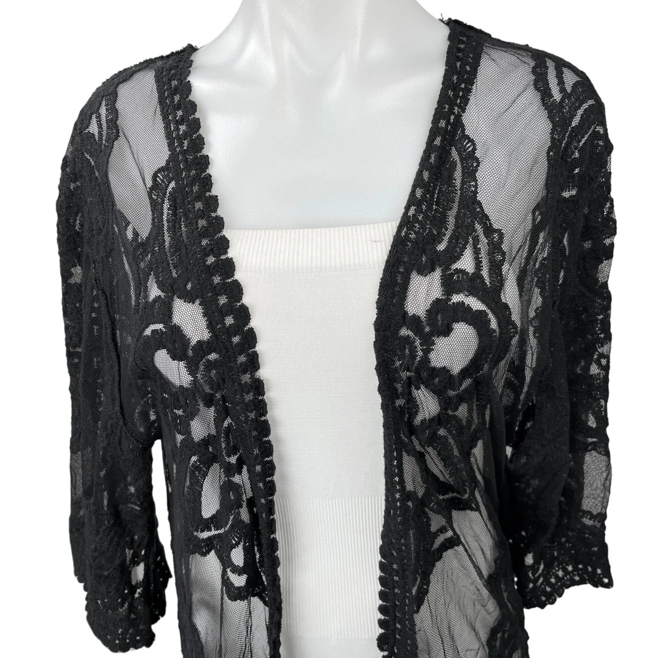 Rachel Zoe Black Lace Sheer Embroidered Boho Swim Coverup Kimono Cardigan Sz S - Image 3