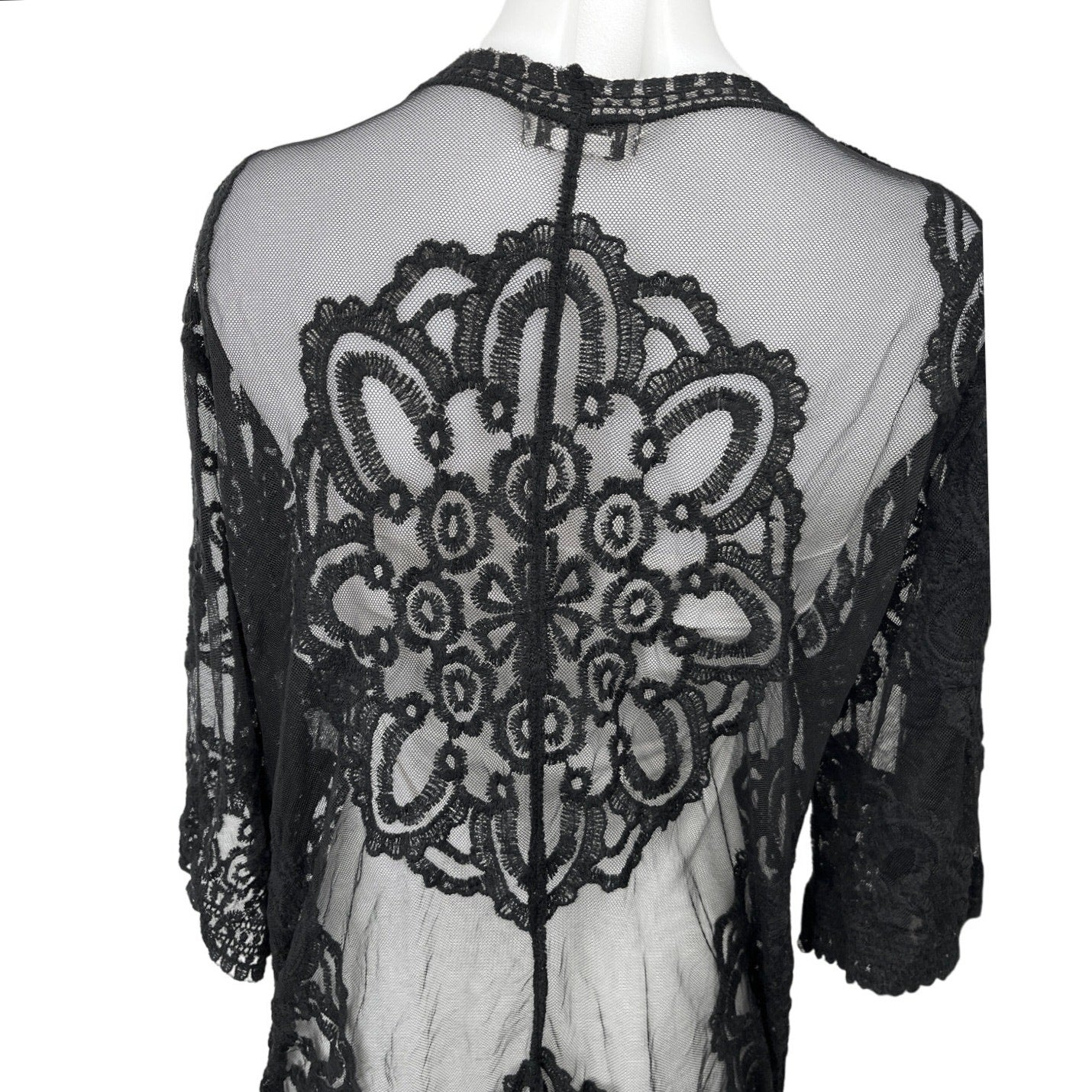 Rachel Zoe Black Lace Sheer Embroidered Boho Swim Coverup Kimono Cardigan Sz S - Image 4