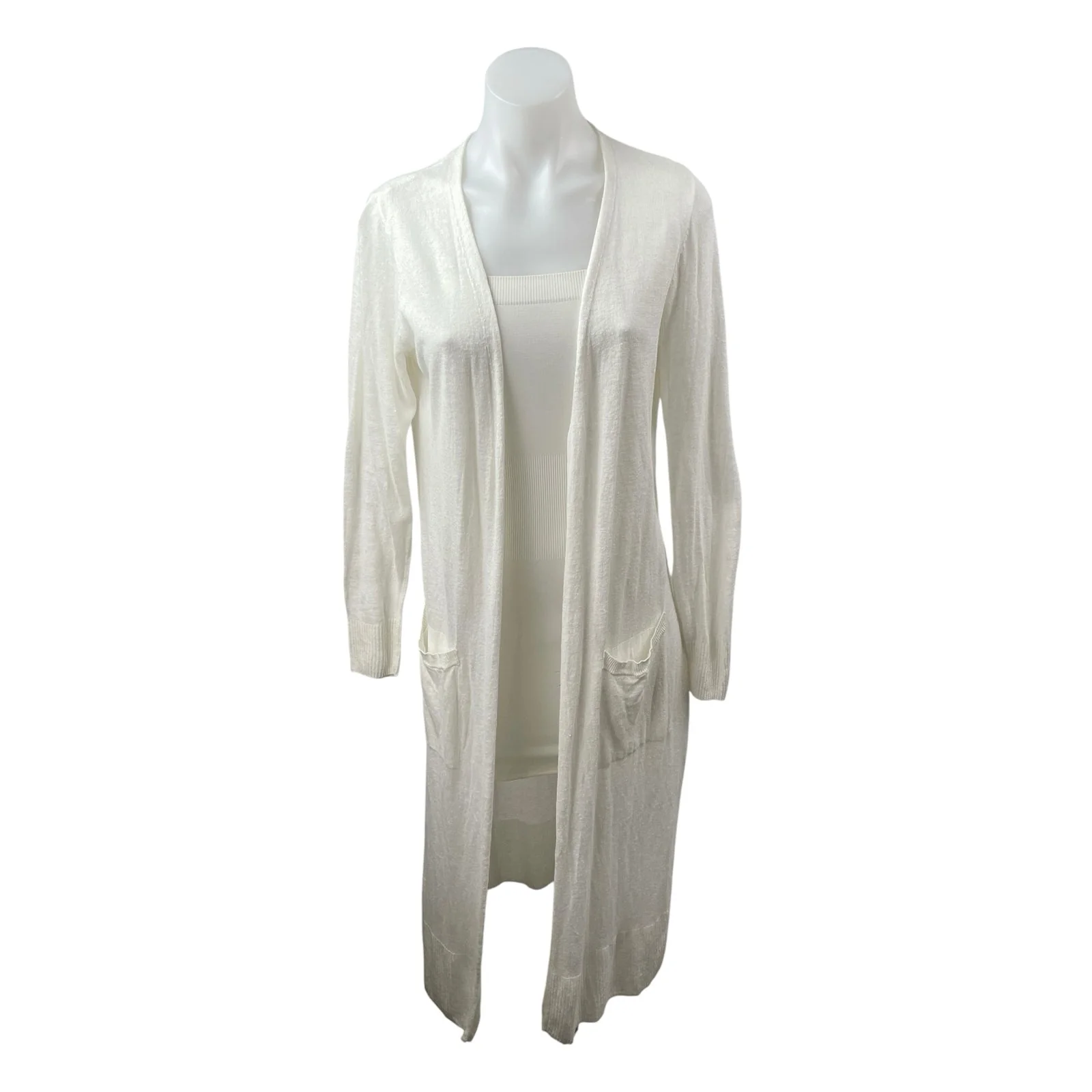 Rachel Zoe Womens White Linen Long Sleeve Longline Duster Cardigan Sweater Top M - Image 2