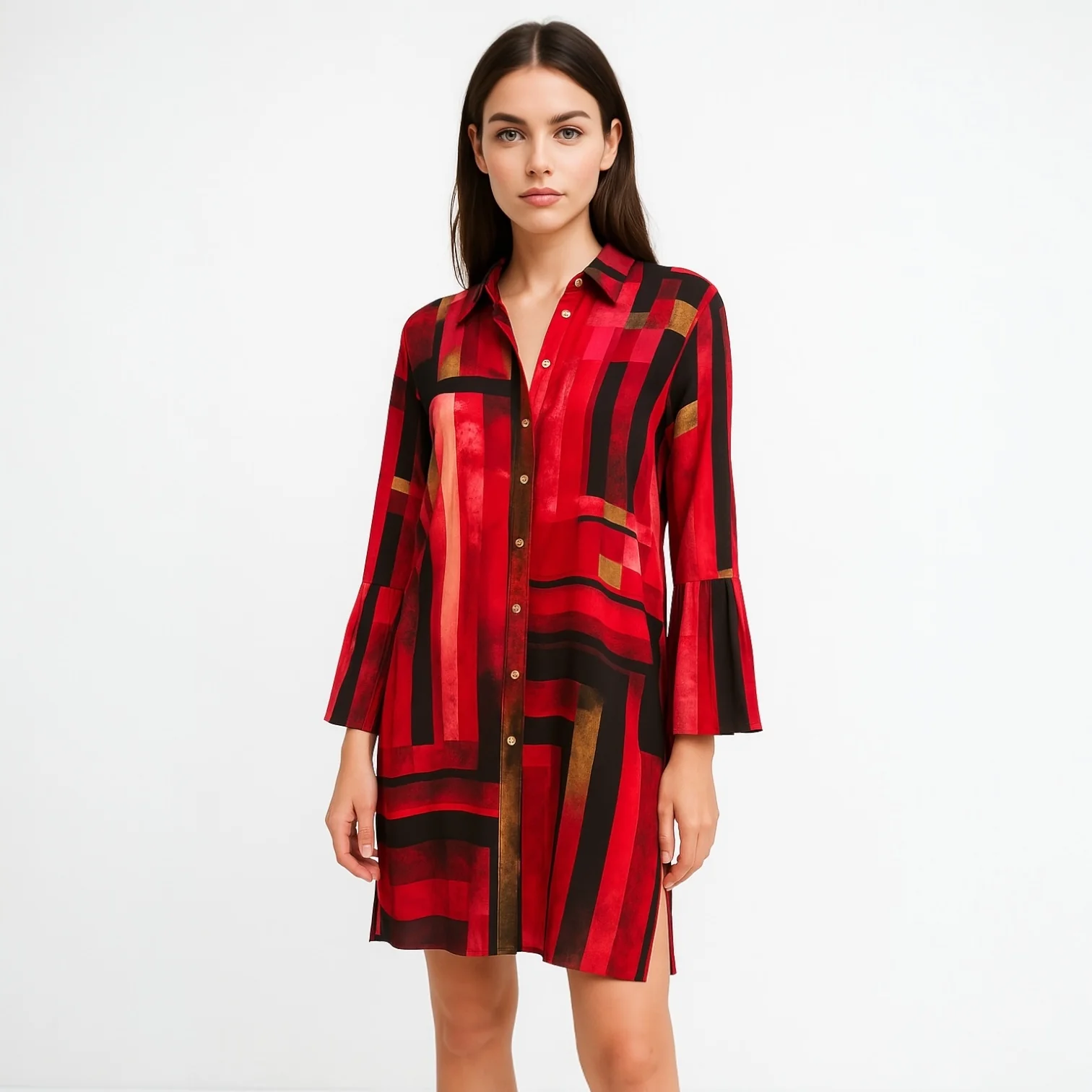 Rafaella Red Abstract Print Button Down Collar Bell Sleeve Midi Shirt Dress Sz 6 - Image 2