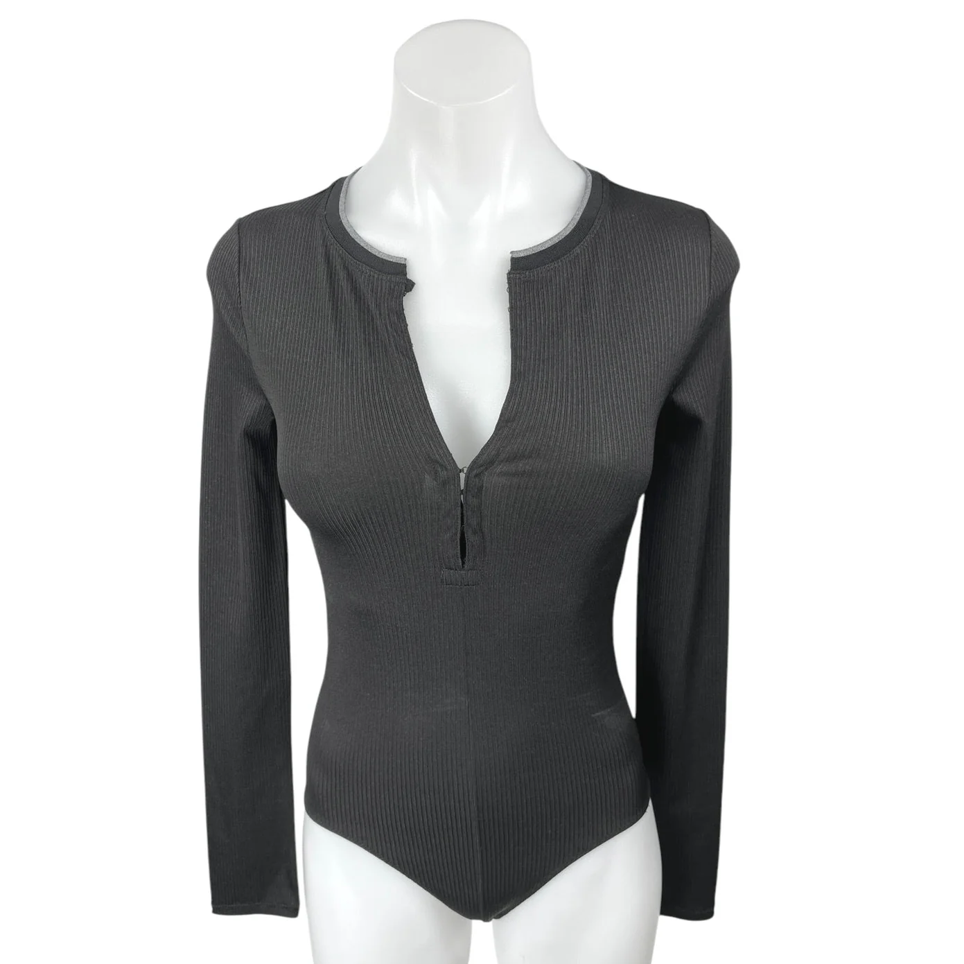 Rag & Bone Mica Black Rib Knit Long Sleeve Hook & Eye Bodysuit Sweater Top Sz S