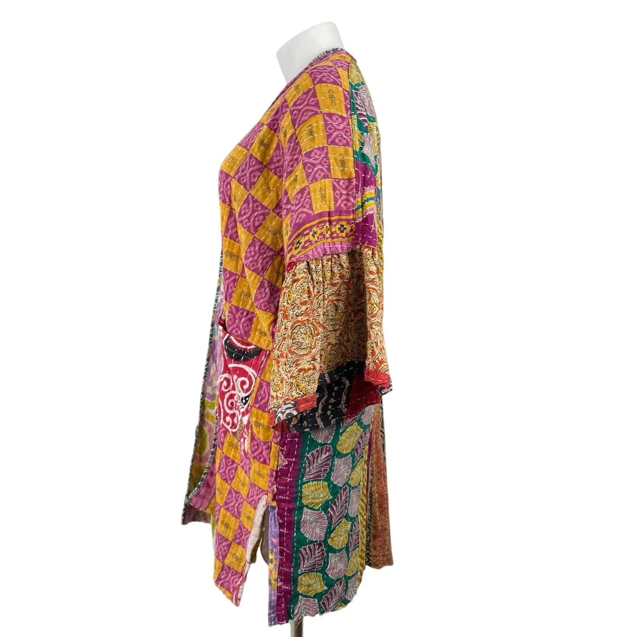 Rahab's Rope Reversible Kantha Stitch Midi Kaftan Duster Coat Jacket Free Size - Image 3