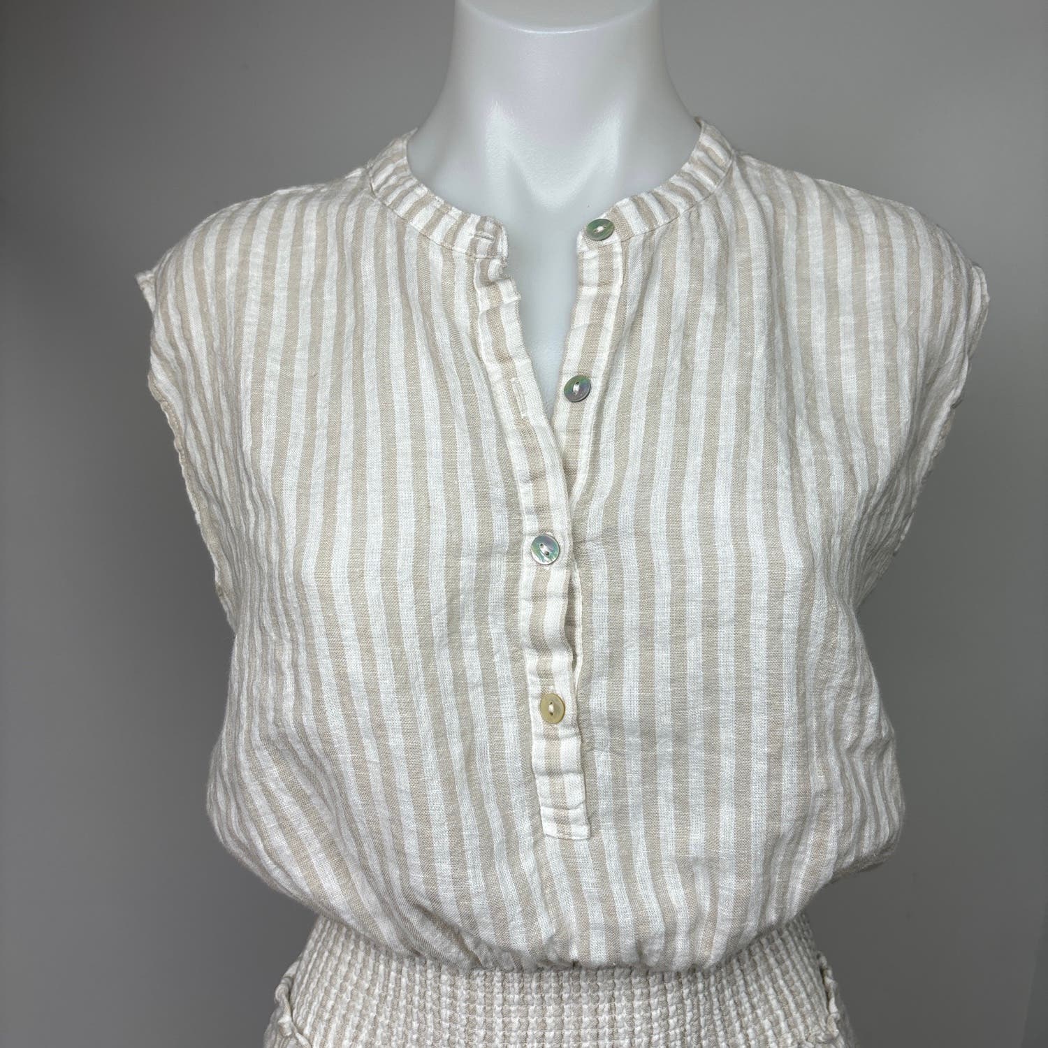 Rails White Beige Angelina Dune Stripe Linen Smocked Button Tiered Dress Size XS - Image 5