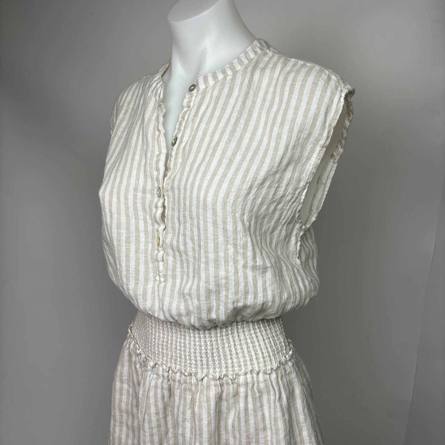 Rails White Beige Angelina Dune Stripe Linen Smocked Button Tiered Dress Size XS - Image 6