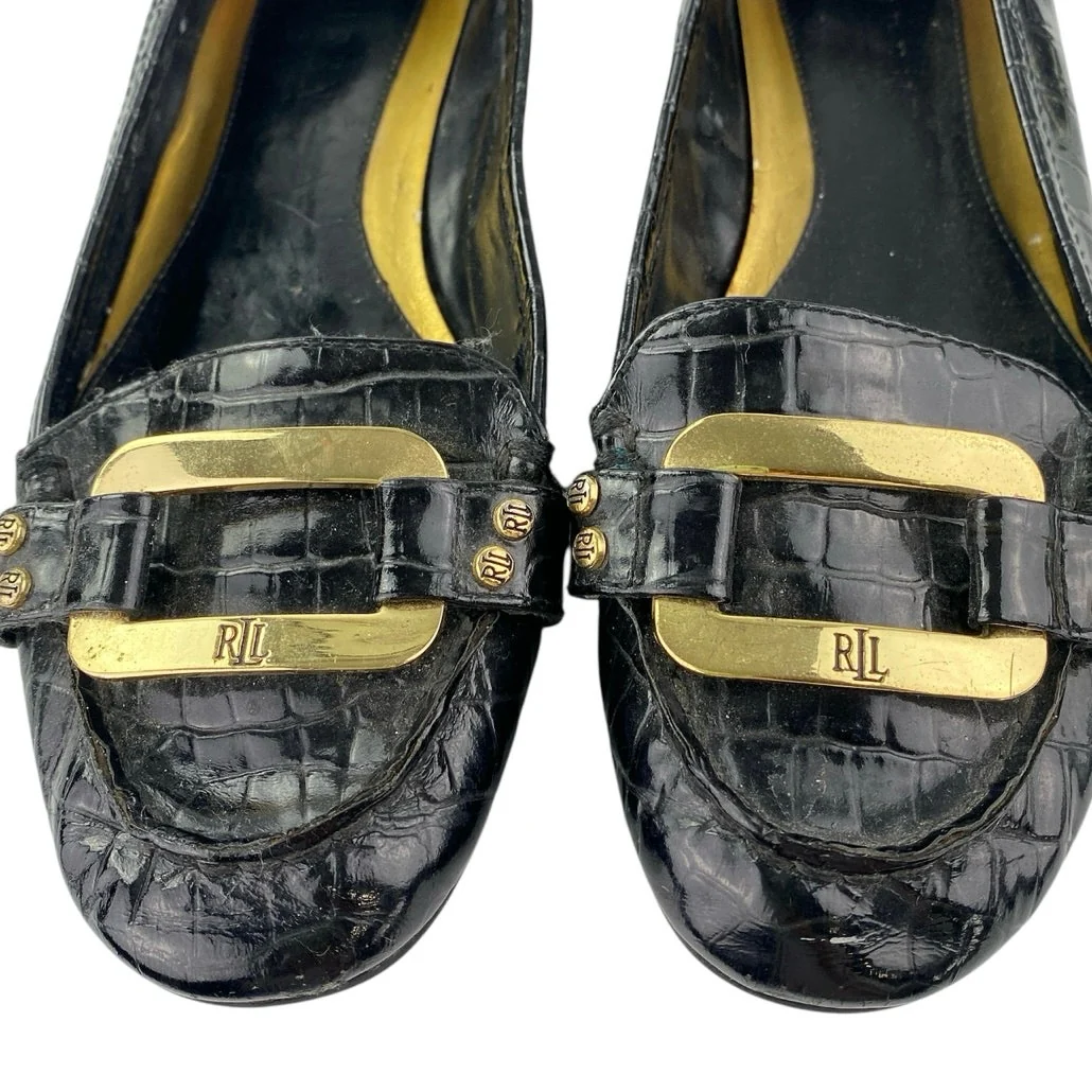 Ralph Lauren Women's Black Gold Logo Croc Leather Chain Slip On Loafers Shoes 6M - Image 5