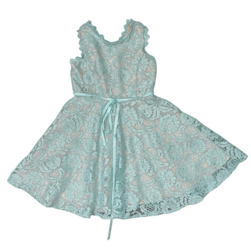 Rare Editions Girls Mint Green Floral Lace Sleeveless Fit & Flare Dress Size 8