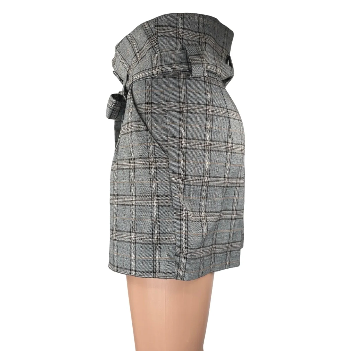 Re:named Gray Plaid Checkered Belted Tie Pleated Mini Casual Paperbag Shorts S - Image 2