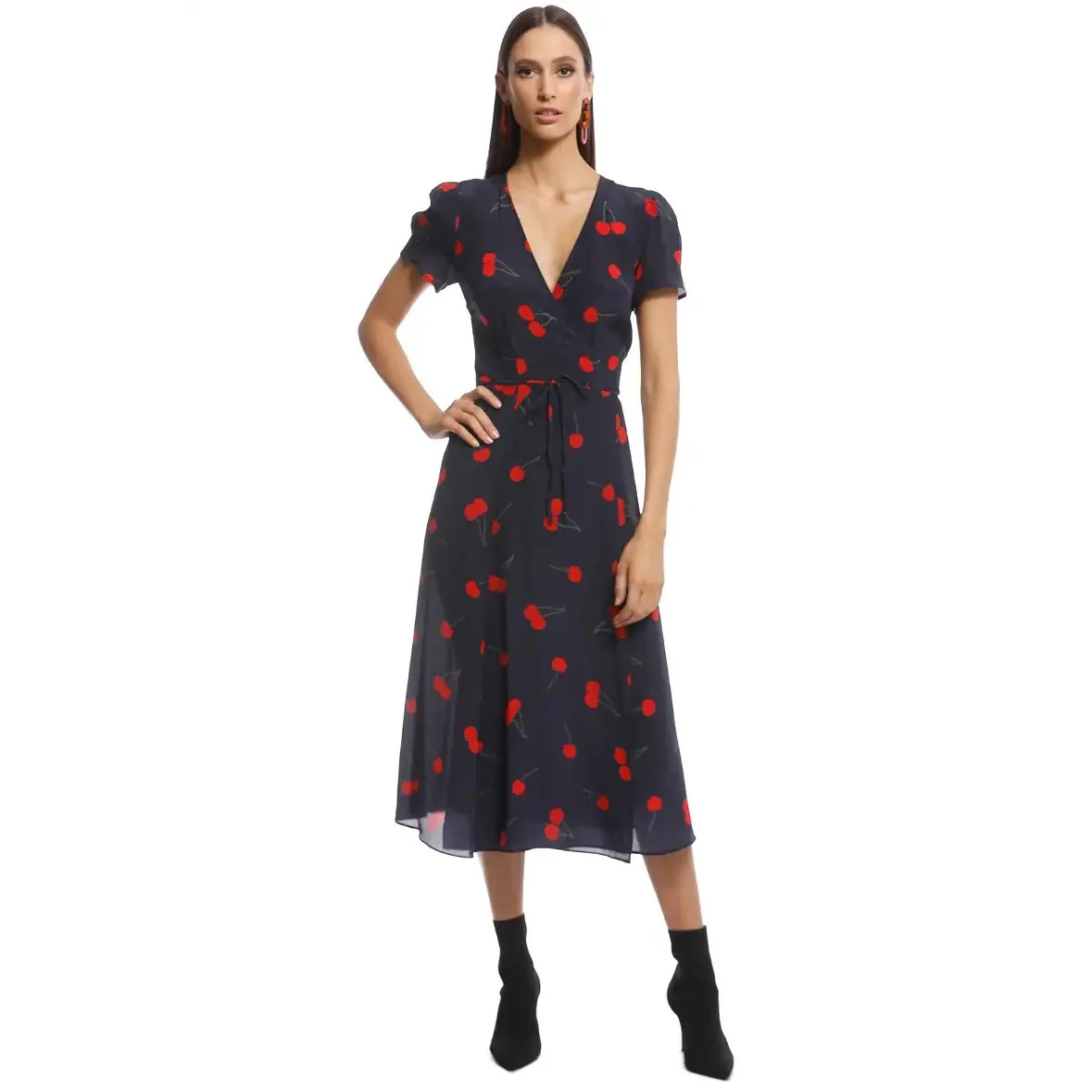 Réalisation Par Teale Wild Cherry Blue 100% Silk V-Neck Midi Wrap Dress Size XL - Image 3