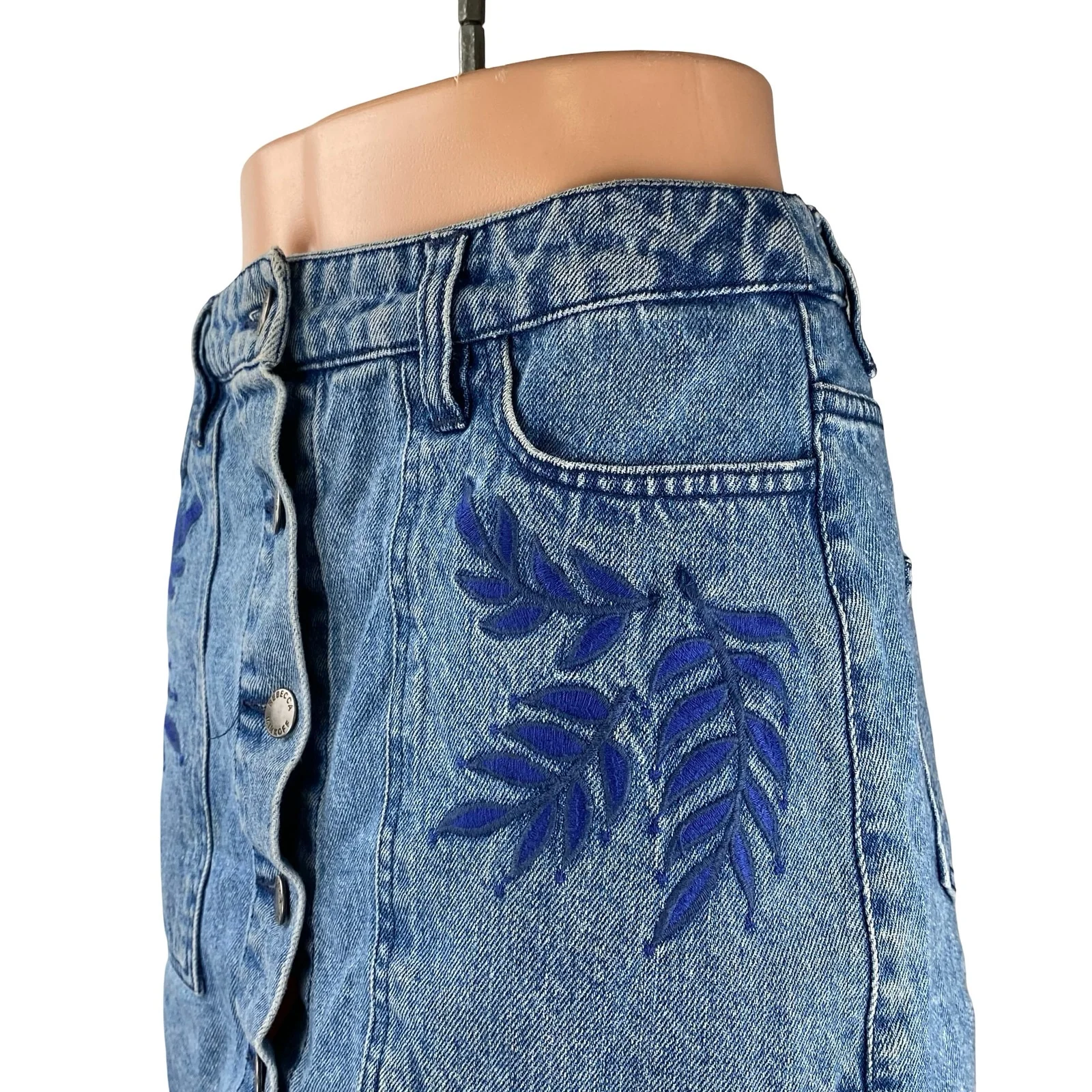 Rebecca Minkoff Blue Embroidered Leaf High Waist Button Fly Denim Jean Skirt 26 - Image 3