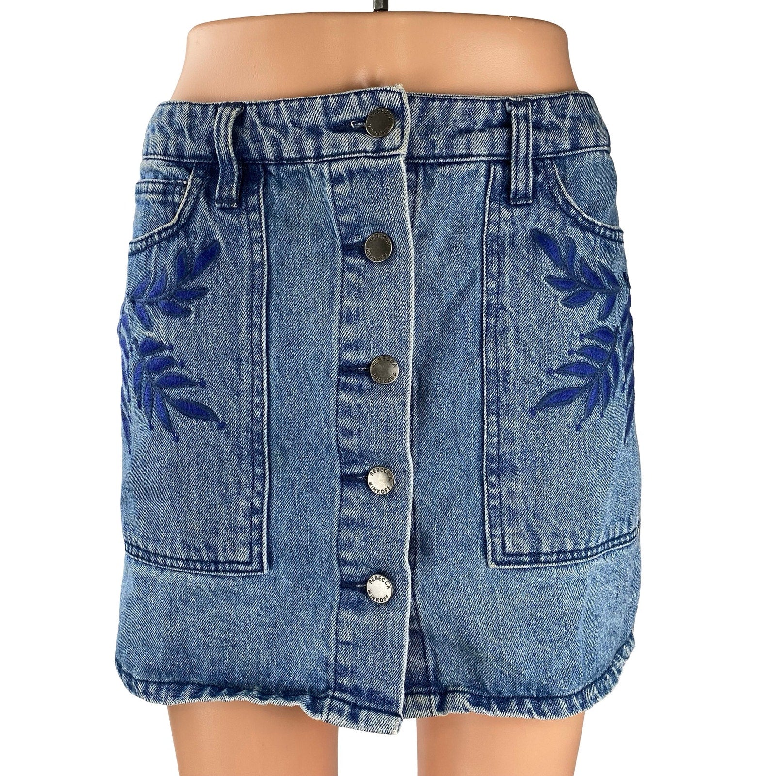 Rebecca Minkoff Blue Embroidered Leaf High Waist Button Fly Denim Jean Skirt 26