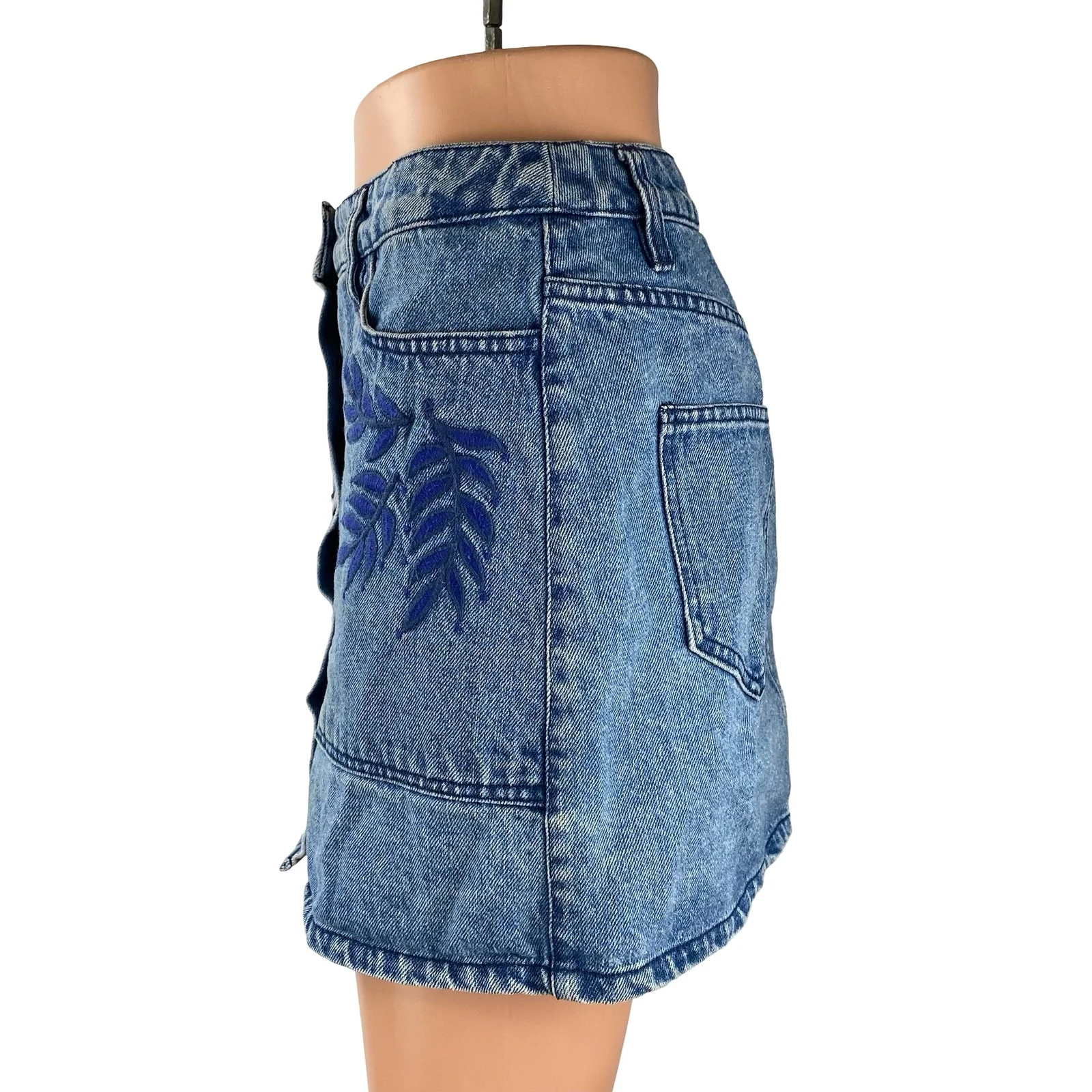 Rebecca Minkoff Blue Embroidered Leaf High Waist Button Fly Denim Jean Skirt 26 - Image 2