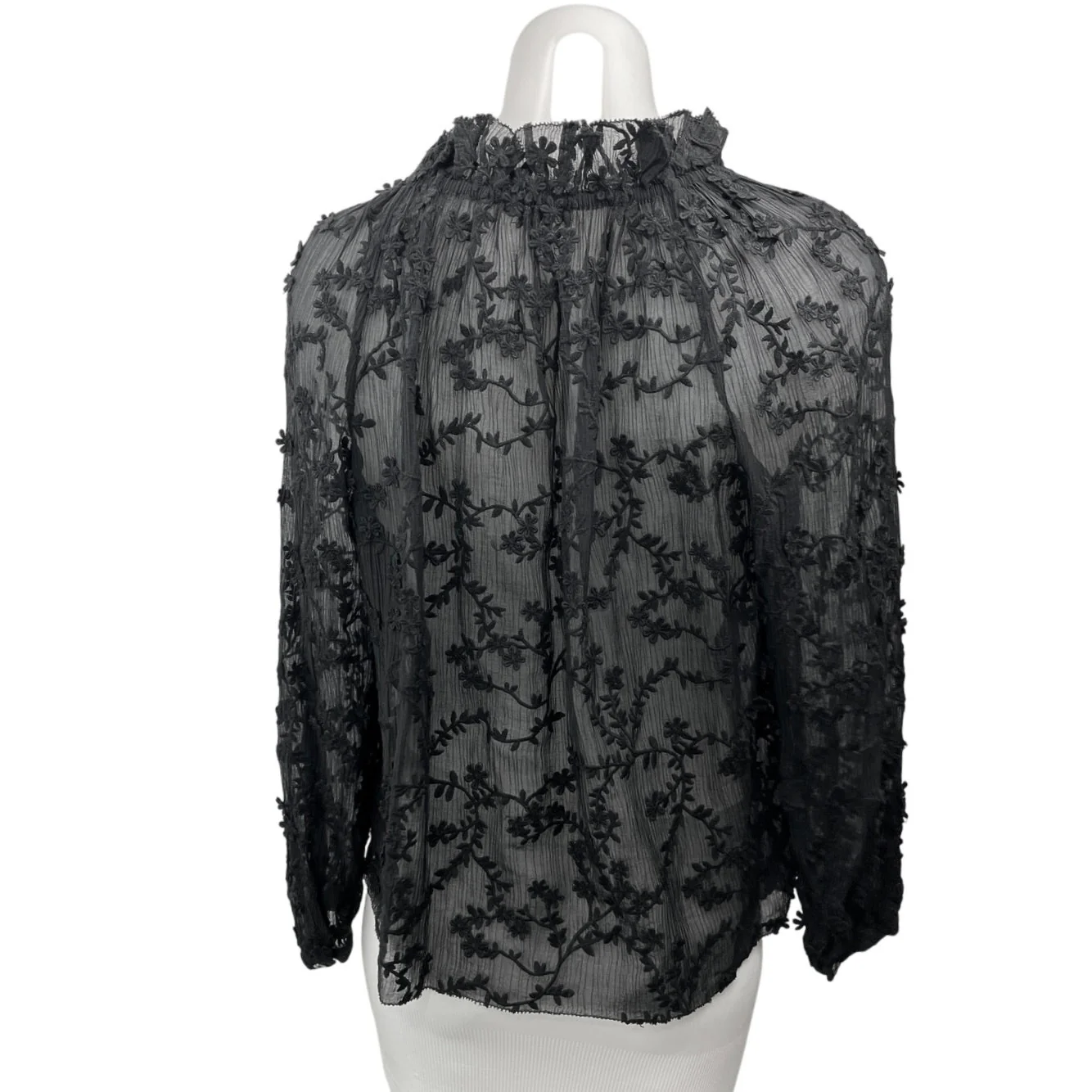 Rebecca Taylor Black Silk Lace Embroidered Ruffle Long Sleeve Sheer Blouse Top 4 - Image 2