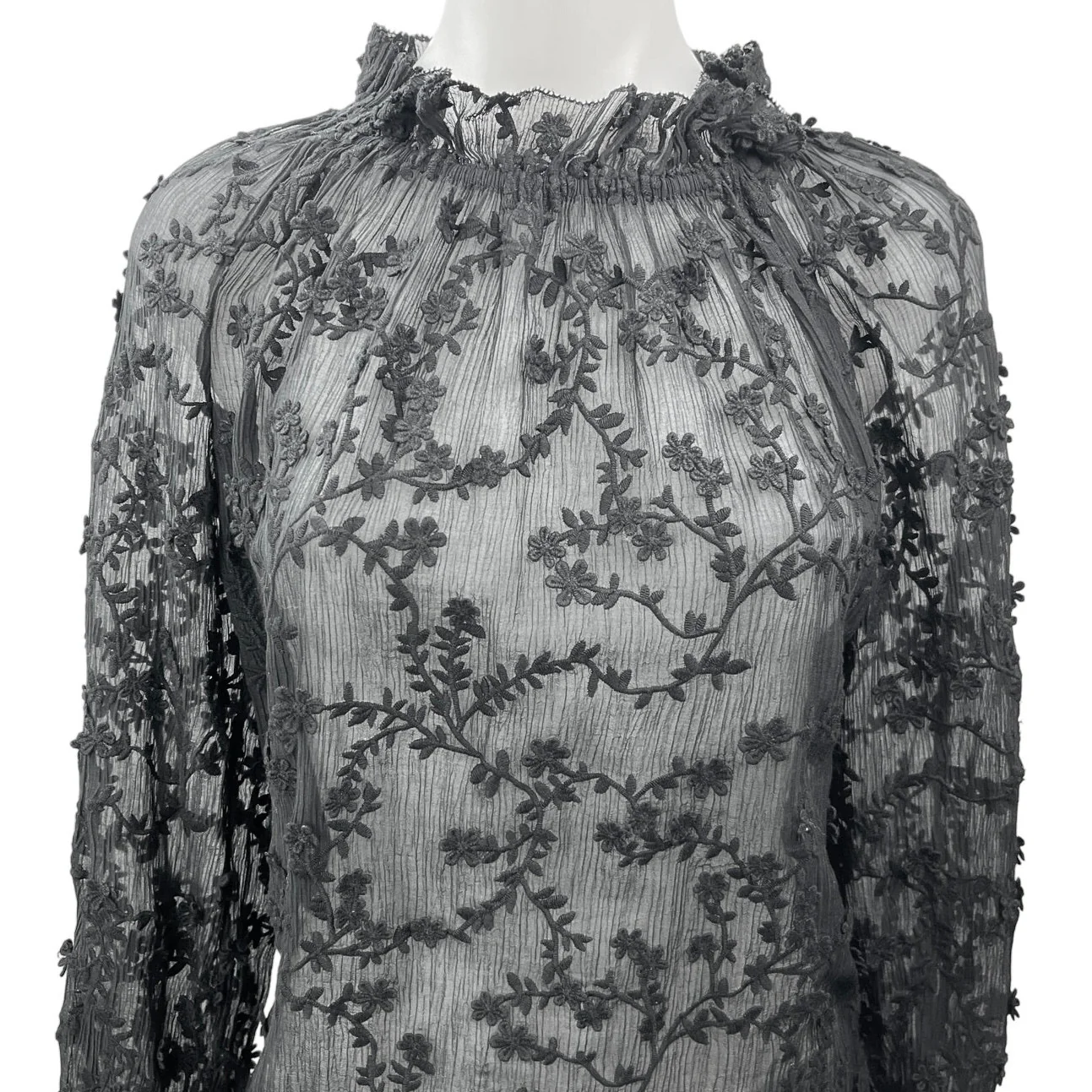 Rebecca Taylor Black Silk Lace Embroidered Ruffle Long Sleeve Sheer Blouse Top 4 - Image 3