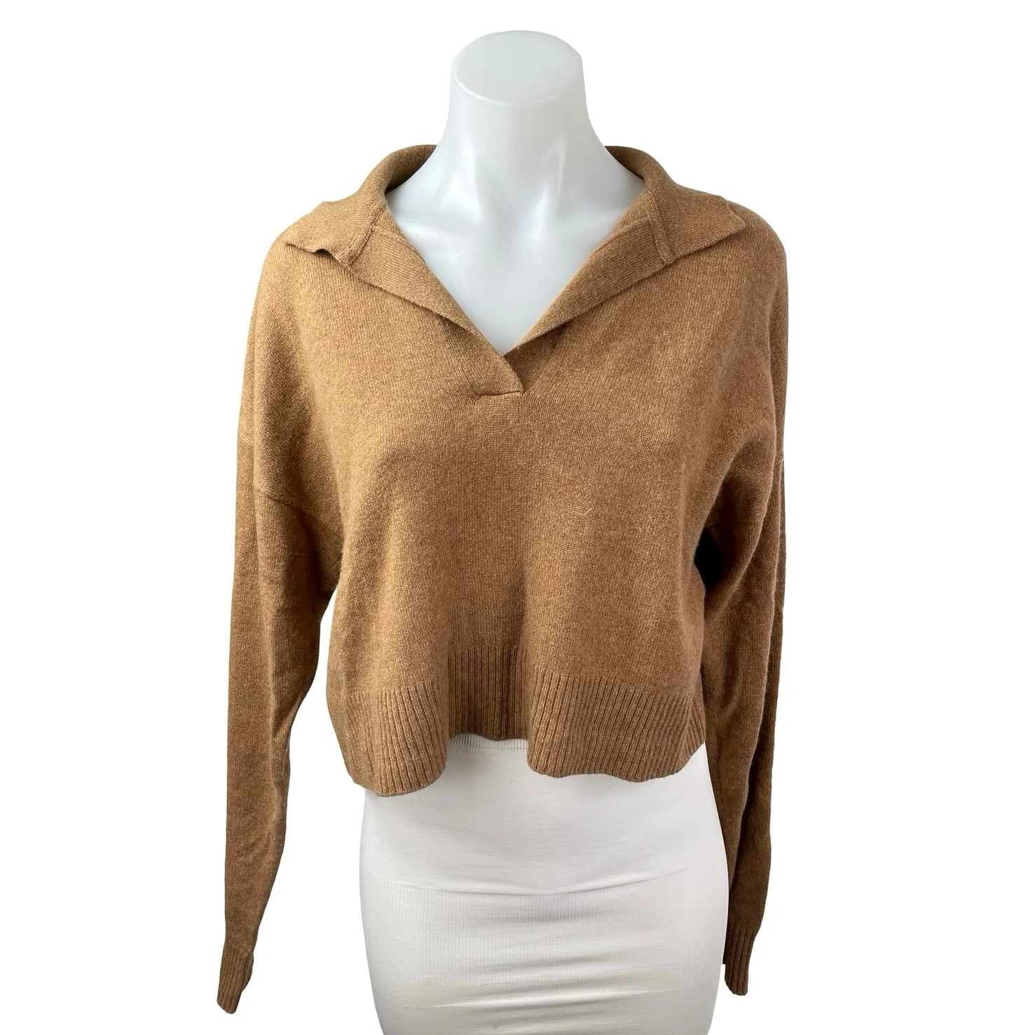 Reformation Camel Tan 100% Cashmere Long Sleeve Cropped Polo Sweater Top Size S