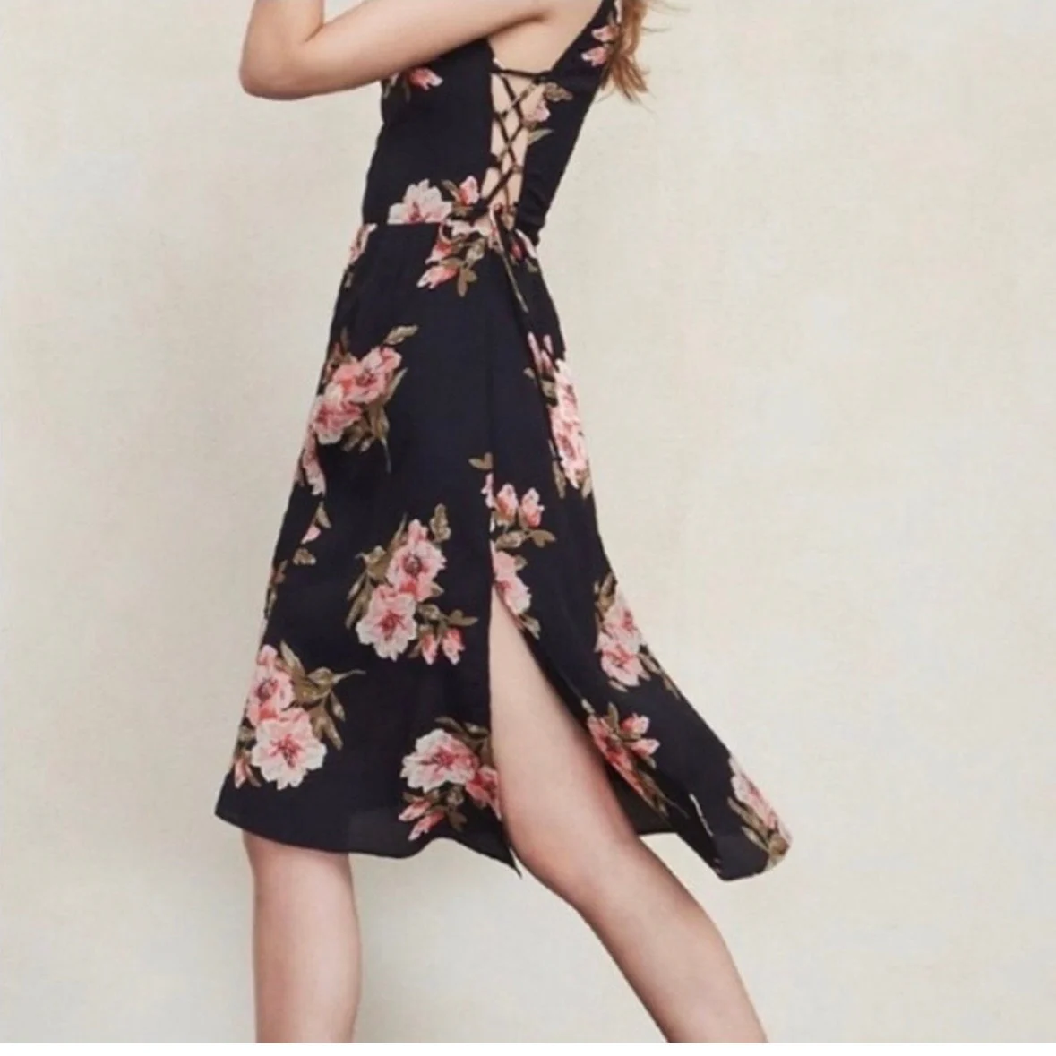 Reformation Camille Black Floral Sleeveless Lace Up Midi Fit & Flare Dress Sz 4 - Image 2