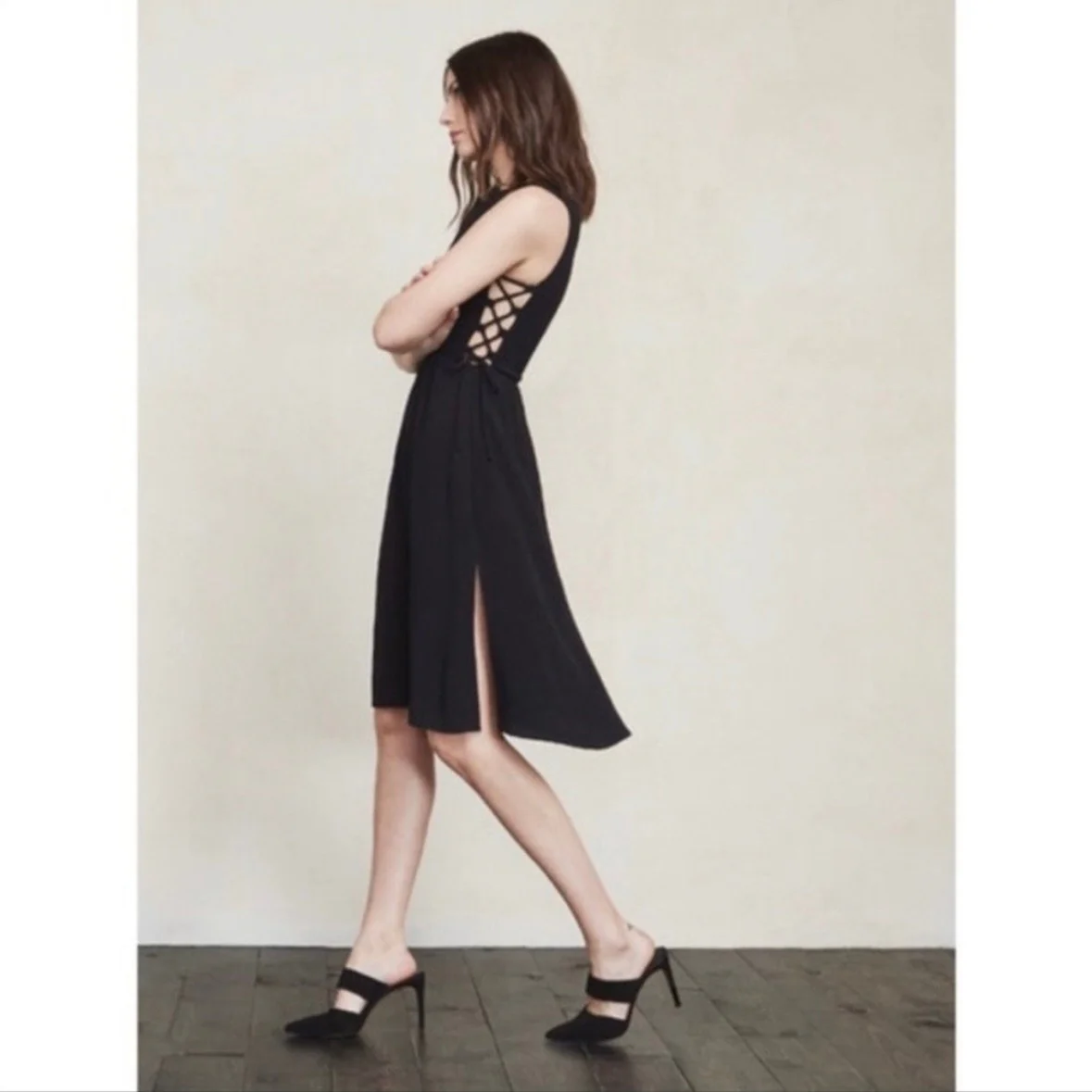 Reformation Camille Black Floral Sleeveless Lace Up Midi Fit & Flare Dress Sz 4 - Image 7