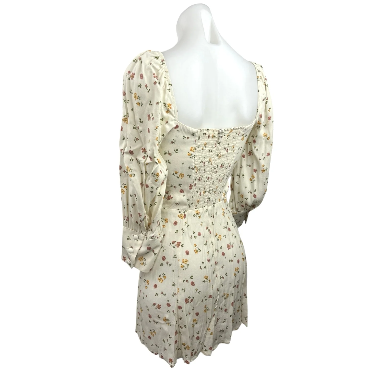 Reformation Cream Floral Long Sleeve Hooman Smocked Button Front A Line Mini Dress Sz 2 - Image 2