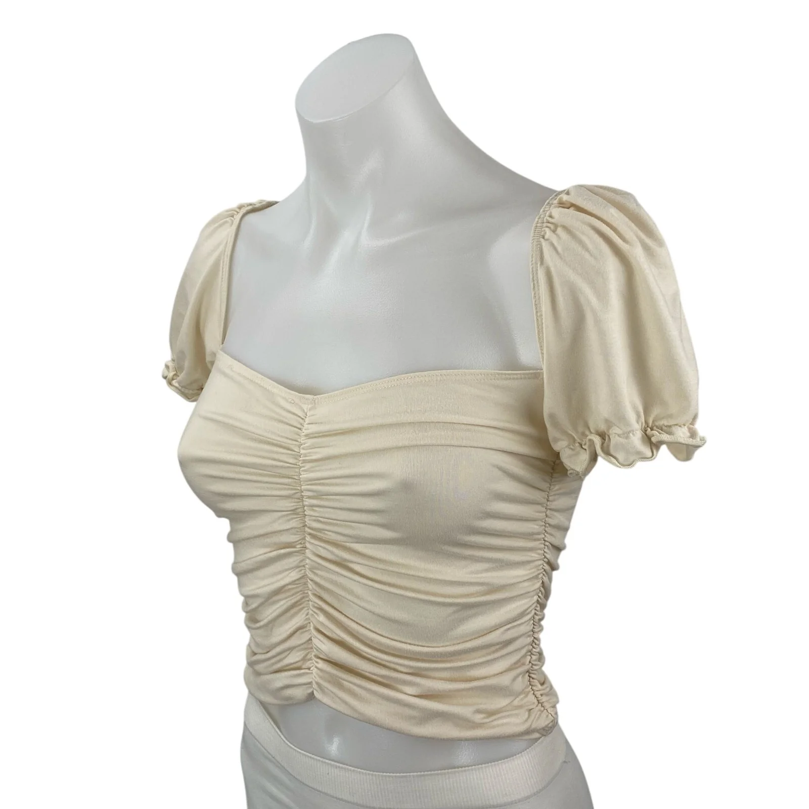 Reformation Fallow Womens Cream Ruched Puff Sleeve Square Neck Crop Blouse Top S - Image 2