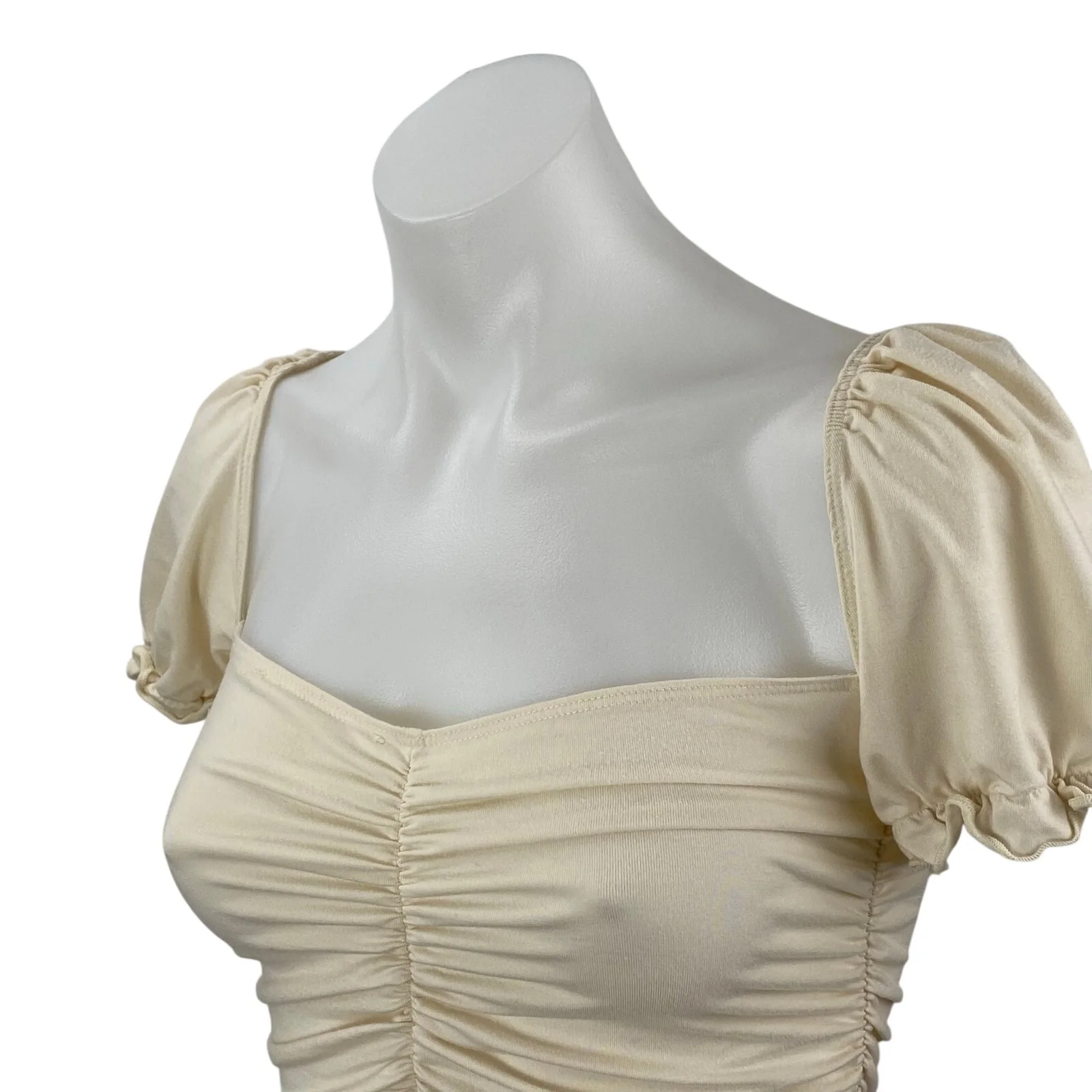 Reformation Fallow Womens Cream Ruched Puff Sleeve Square Neck Crop Blouse Top S - Image 3