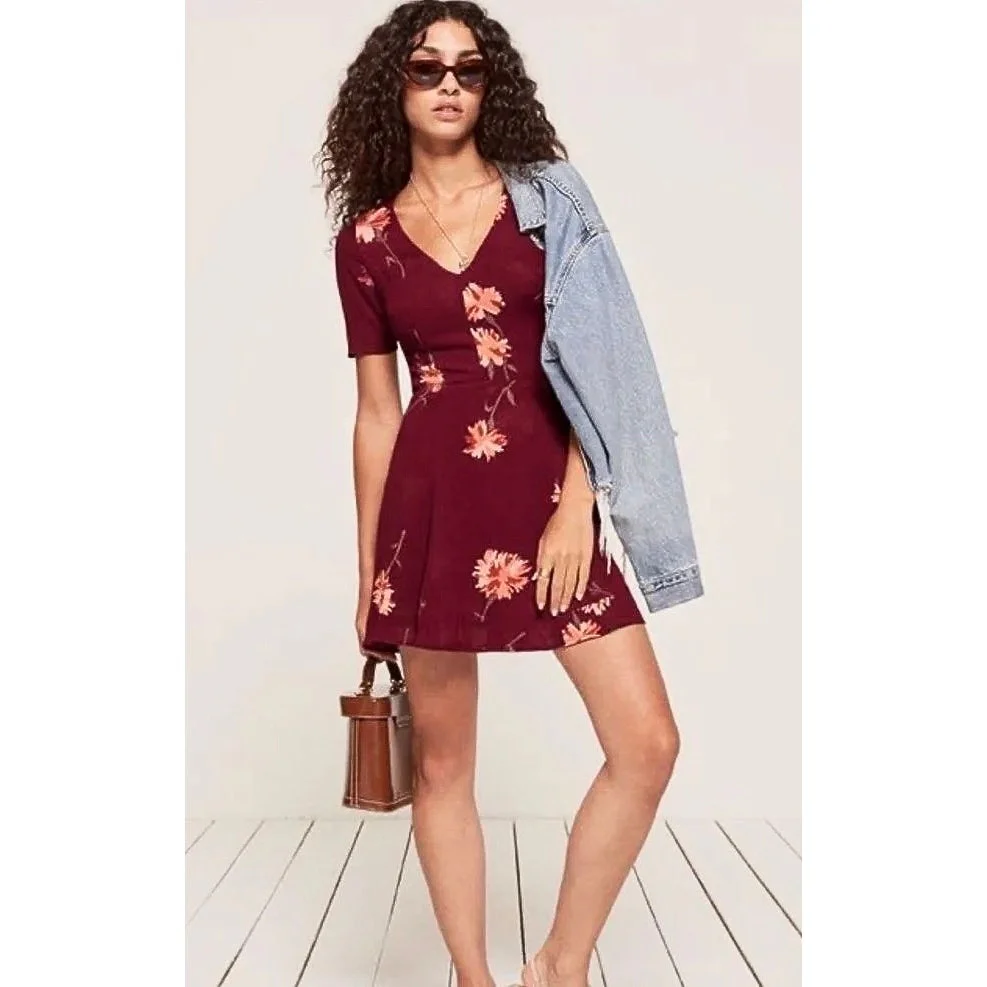 Reformation Gabriella Red Floral V Neck Flutter Sleeve Fit & Flare Mini Dress 6 - Image 6