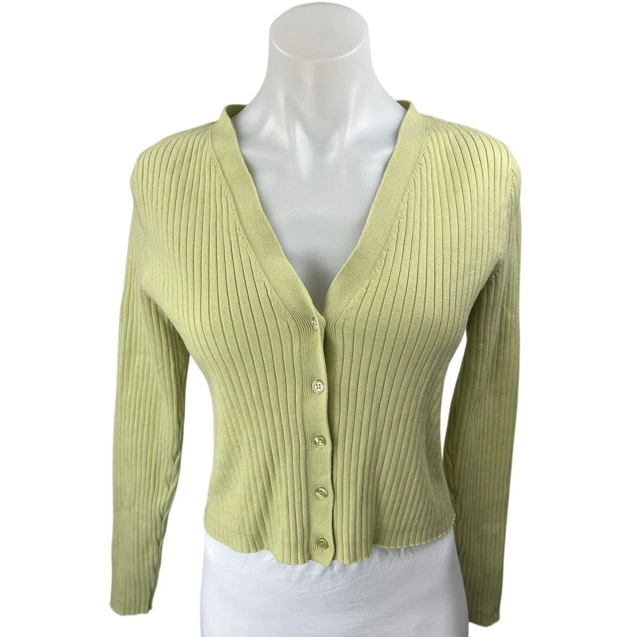 Reformation Green Rib Knit V-Neck Button Long Sleeve Crop Cardigan Sweater Top M